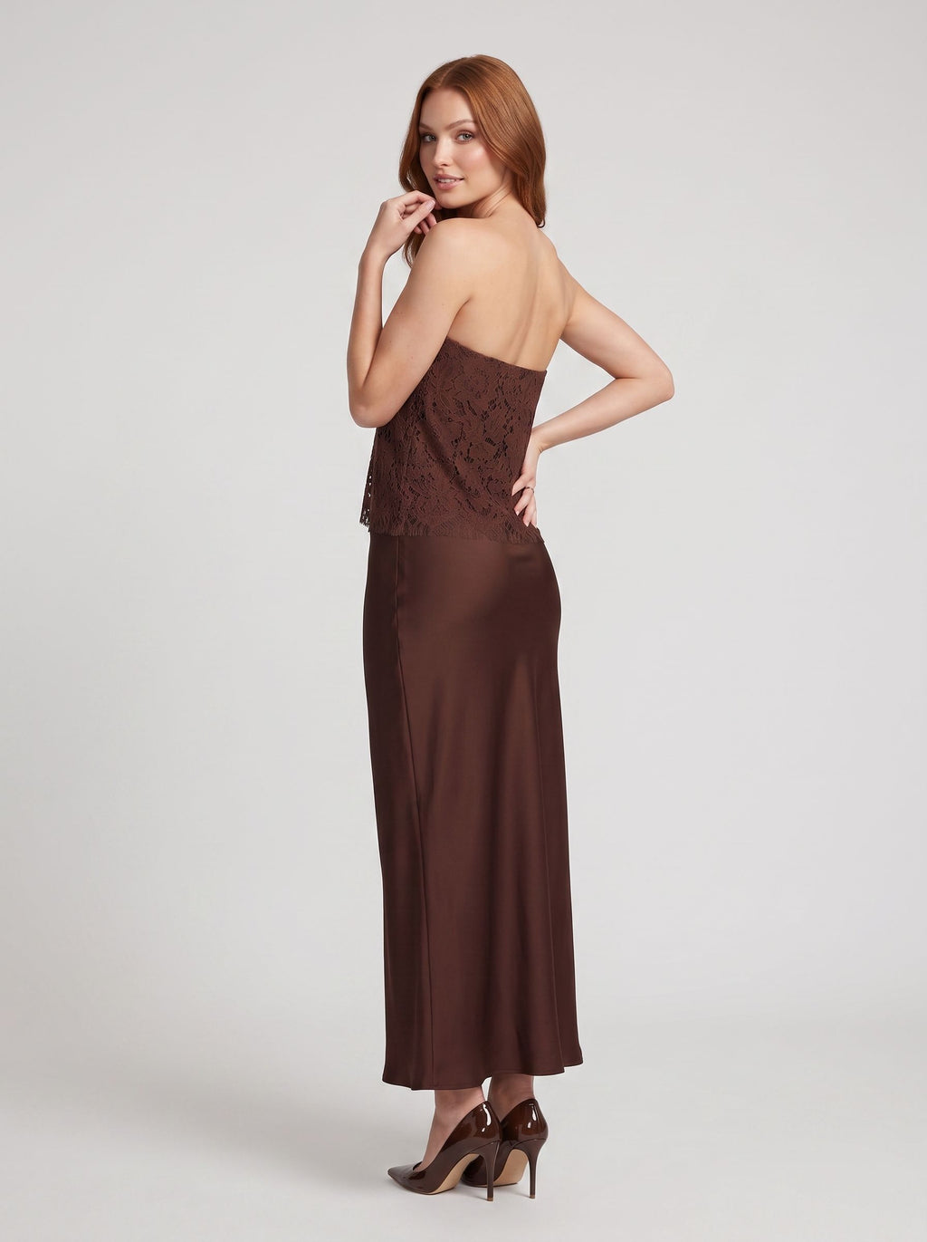 Mocha Satin Column Straight Neck Backless Long Dress with floral lace overlay