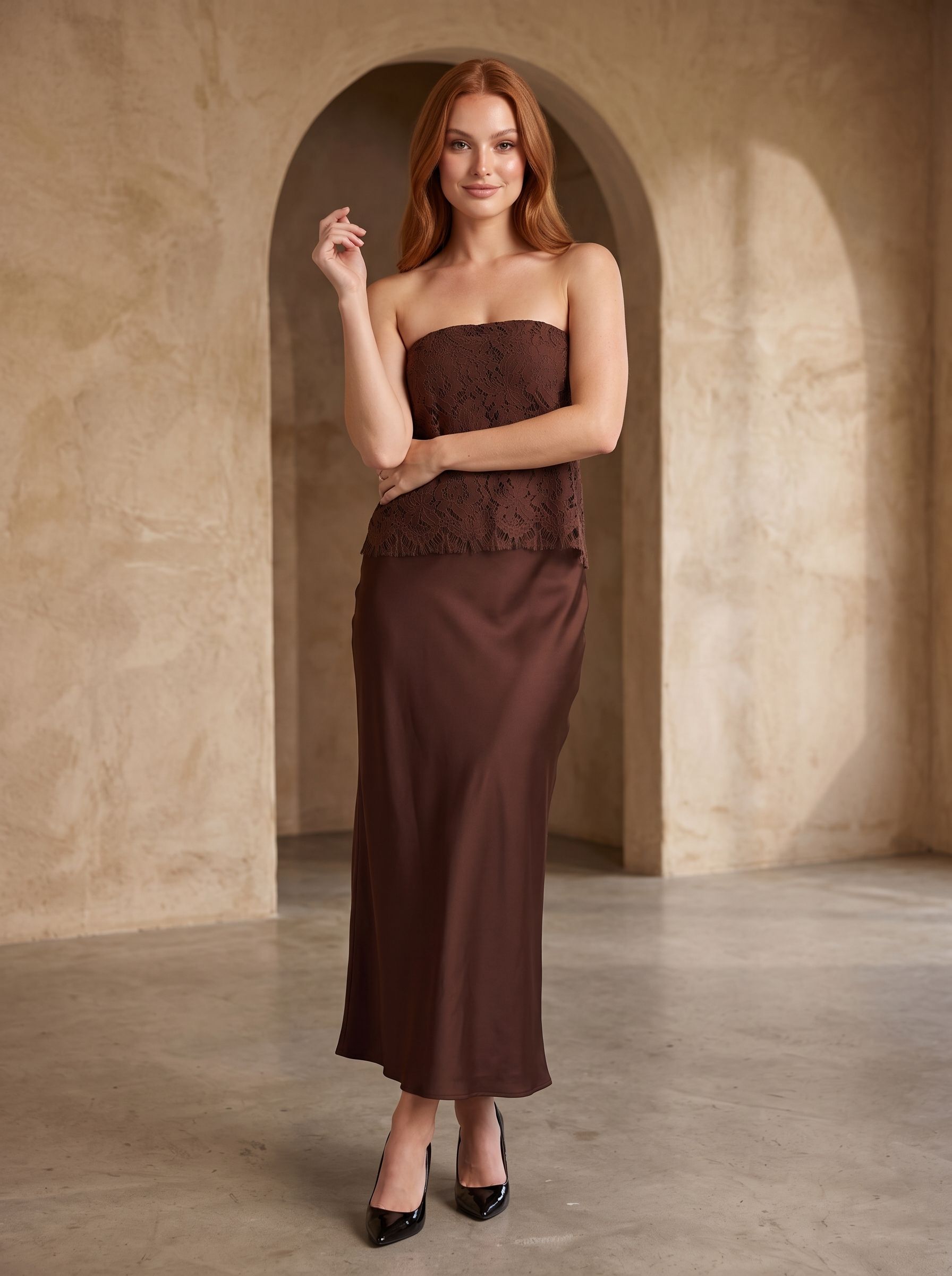Mocha Satin Column Straight Neck Backless Long Dress with floral lace overlay