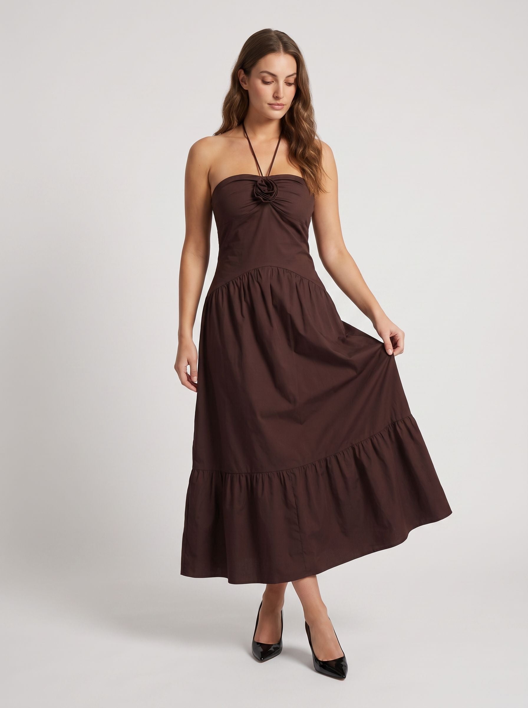Mocha Matte Satin A-Line Halter neckline Backless Ankle-Length Dress with Rosette Bust Detail