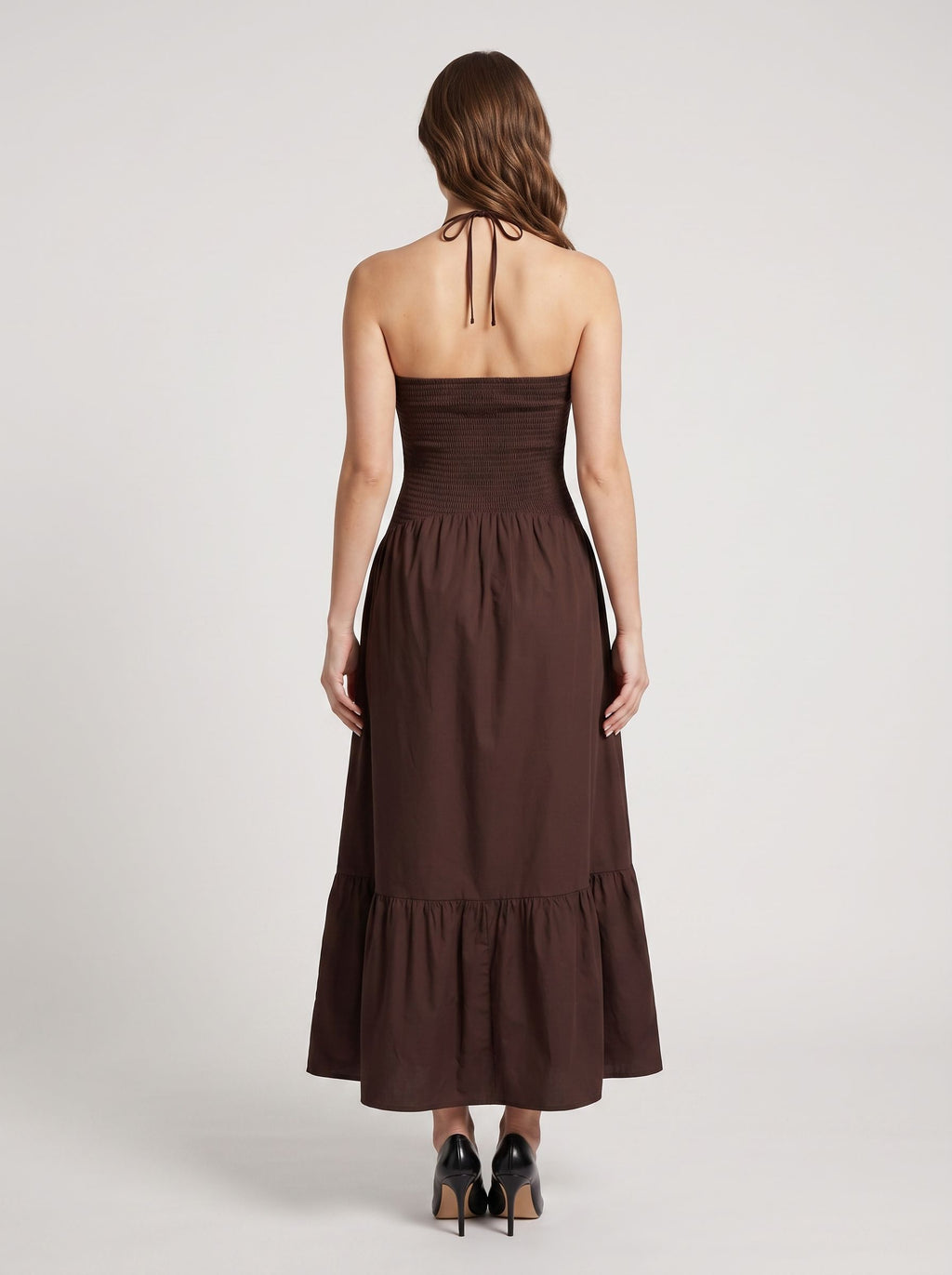 Mocha Matte Satin A-Line Halter neckline Backless Ankle-Length Dress with Rosette Bust Detail