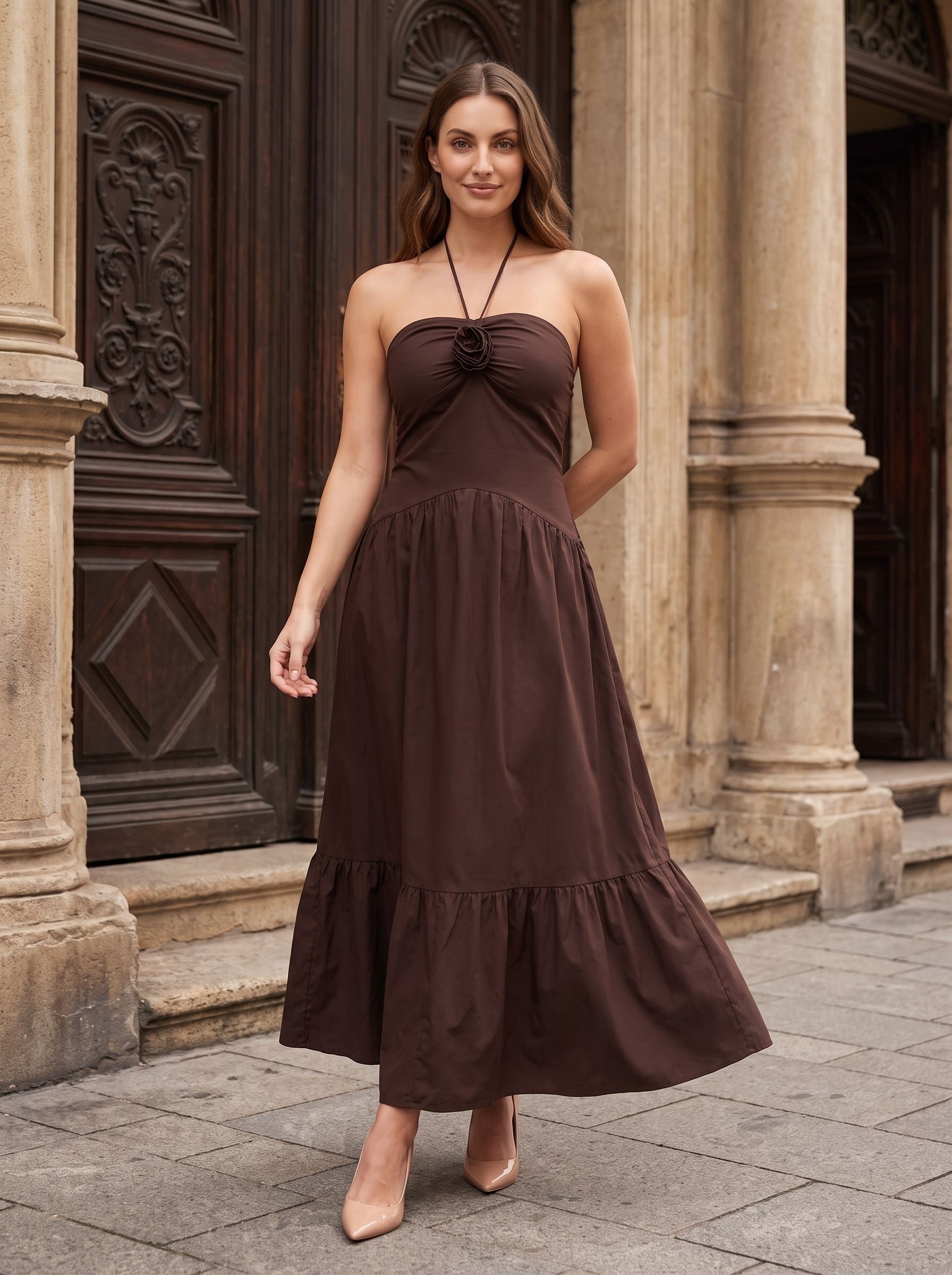 Mocha Matte Satin A-Line Halter neckline Backless Ankle-Length Dress with Rosette Bust Detail