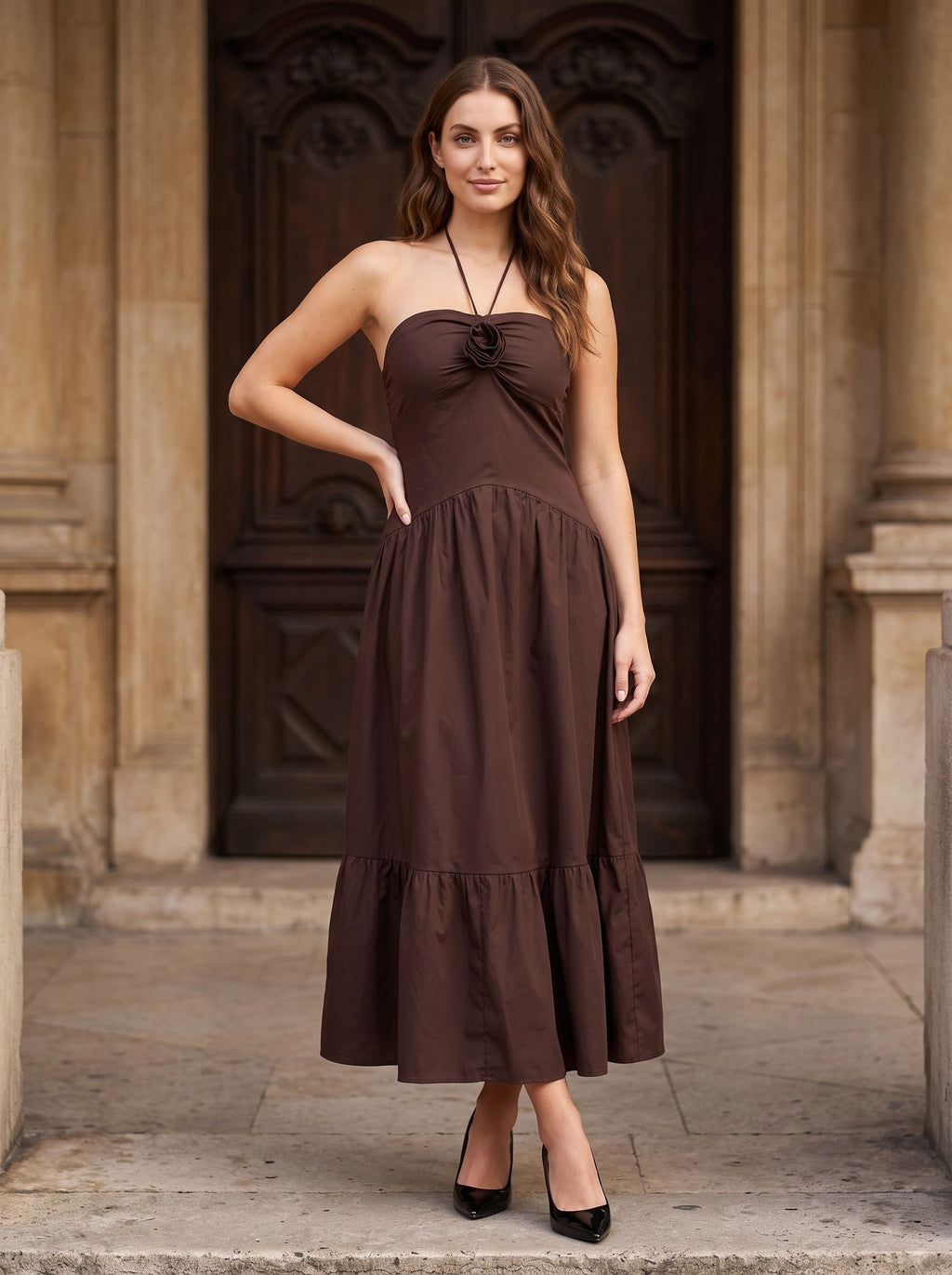 Mocha Matte Satin A-Line Halter neckline Backless Ankle-Length Dress with Rosette Bust Detail