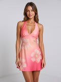 Coral Satin A-Line Halter neckline Backless Short Dress with Beading