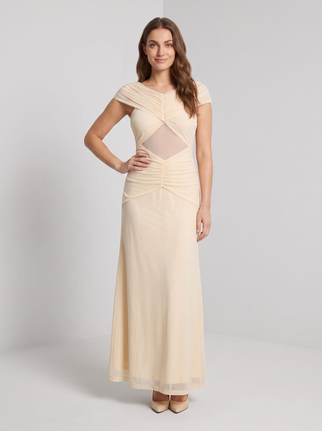 Butter Tulle Sheath V-Neck Back Zip Floor-Length Dress with Ruched Detailing