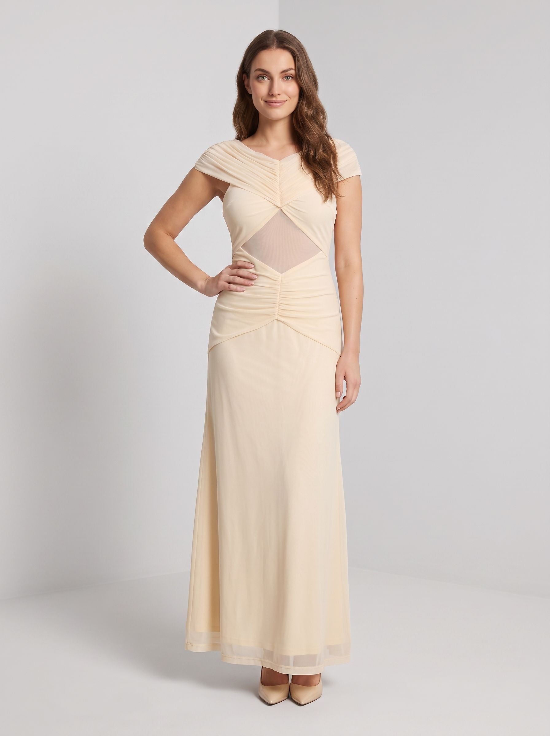 Butter Tulle Sheath V-Neck Back Zip Floor-Length Dress with Ruched Detailing