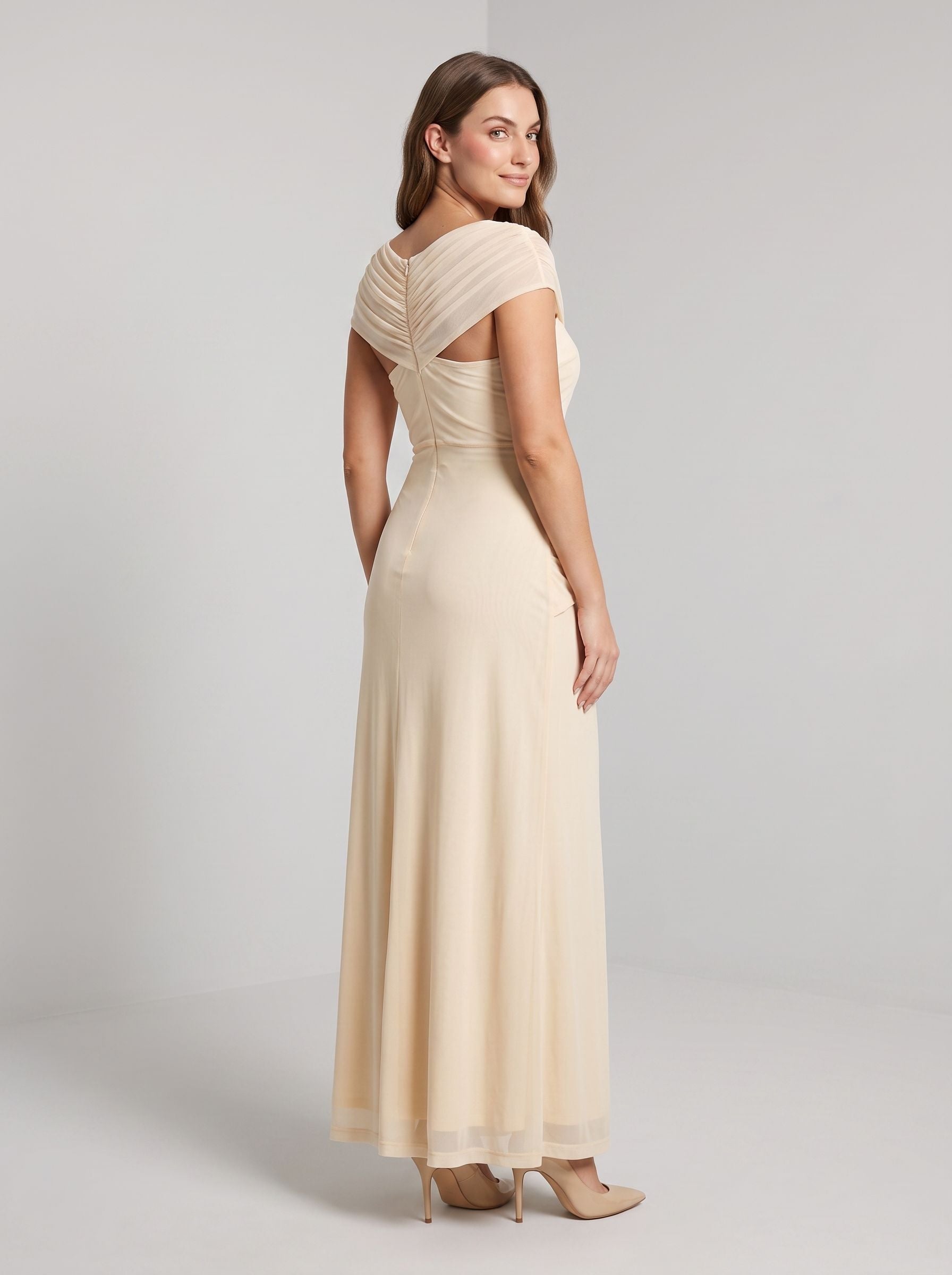 Butter Tulle Sheath V-Neck Back Zip Floor-Length Dress with Ruched Detailing