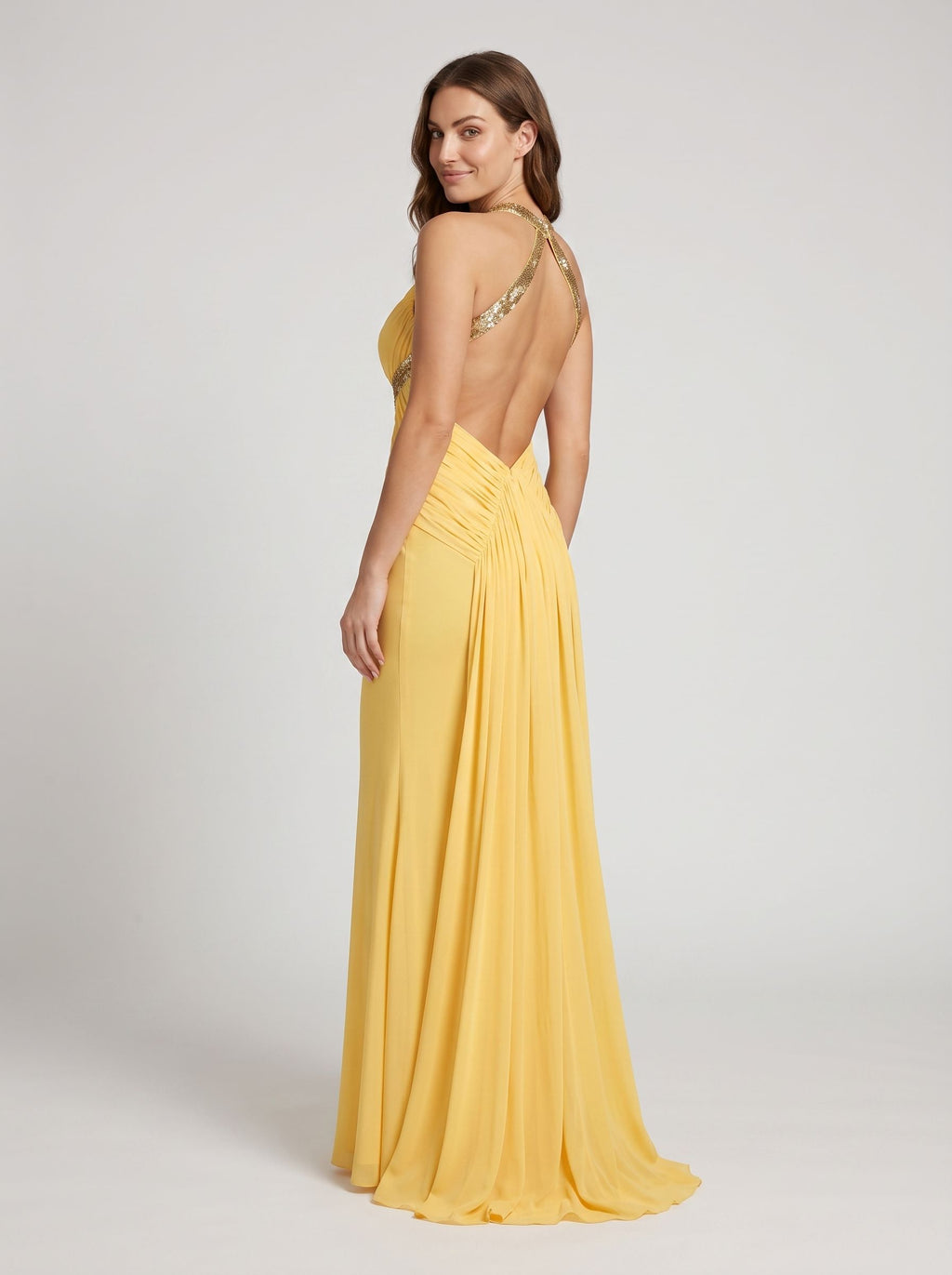 Daffodil Chiffon Mermaid Halter neckline Backless Floor-Length Dress with Pleating