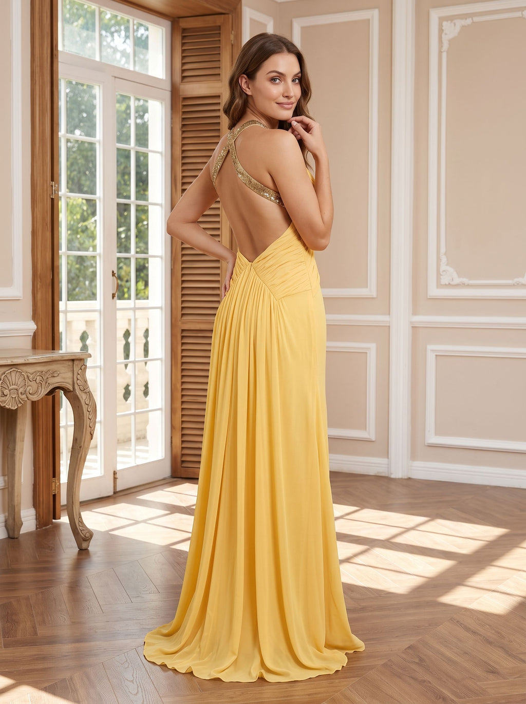 Daffodil Chiffon Mermaid Halter neckline Backless Floor-Length Dress with Pleating