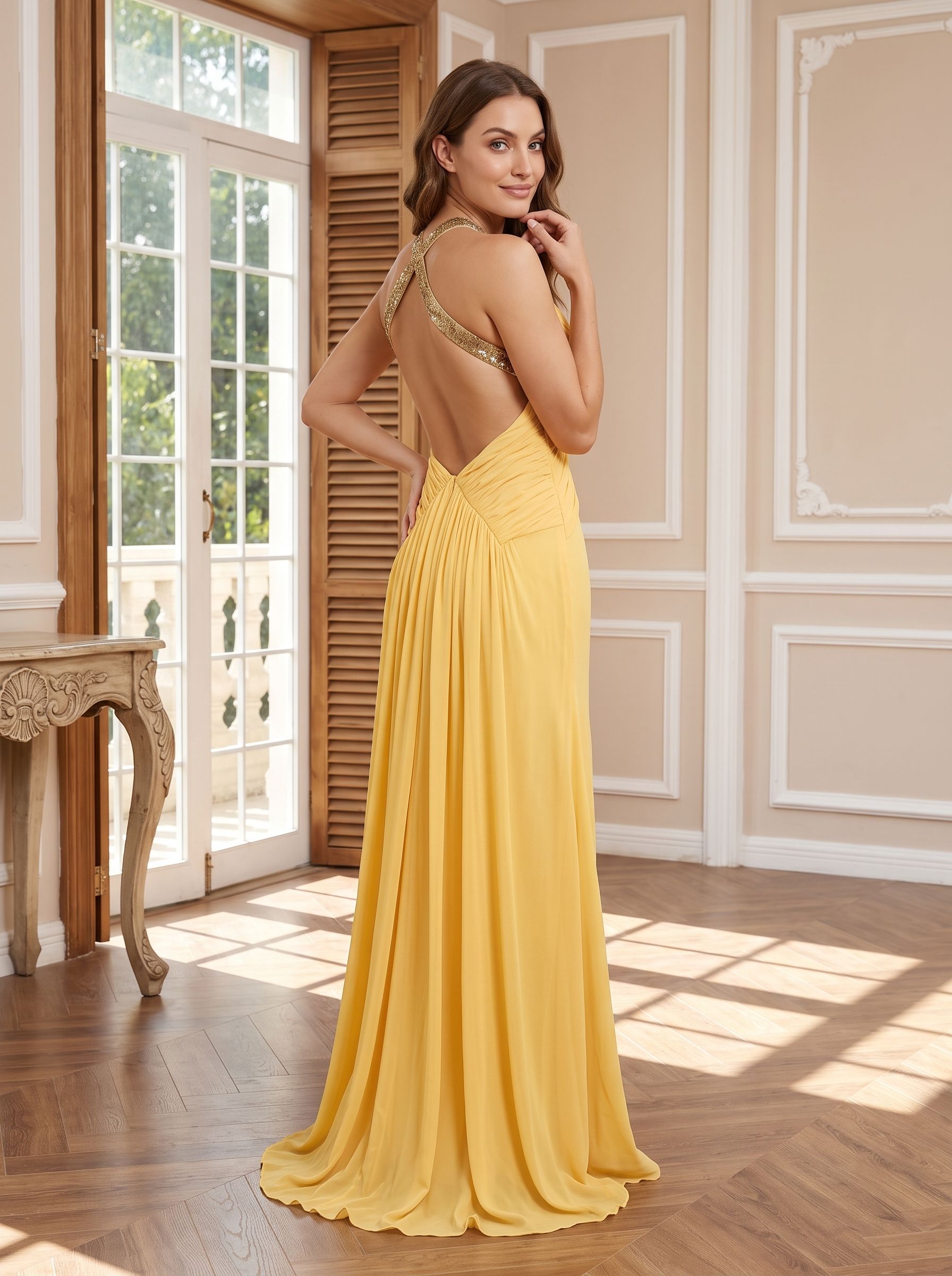 Daffodil Chiffon Mermaid Halter neckline Backless Floor-Length Dress with Pleating
