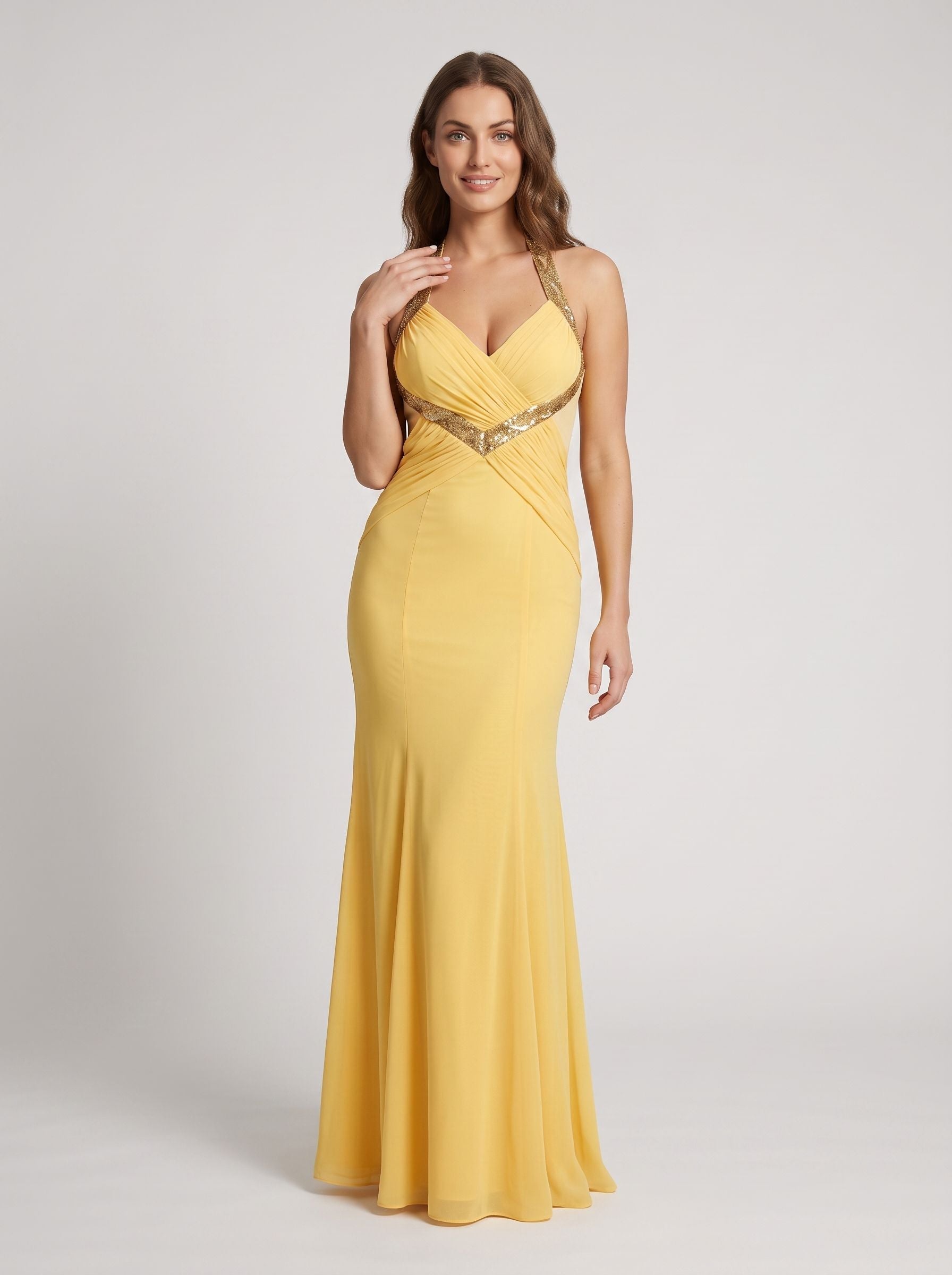 Daffodil Chiffon Mermaid Halter neckline Backless Floor-Length Dress with Pleating
