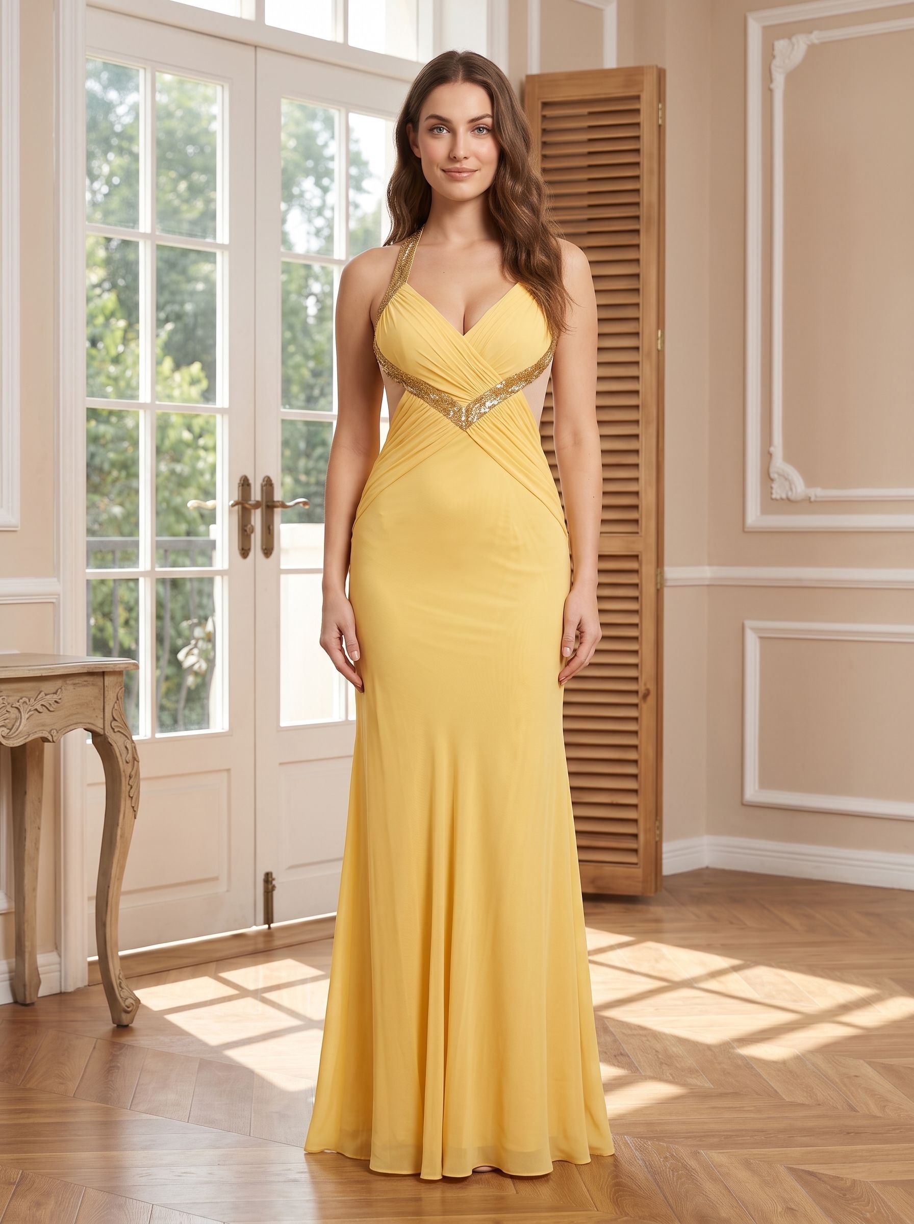 Daffodil Chiffon Mermaid Halter neckline Backless Floor-Length Dress with Pleating