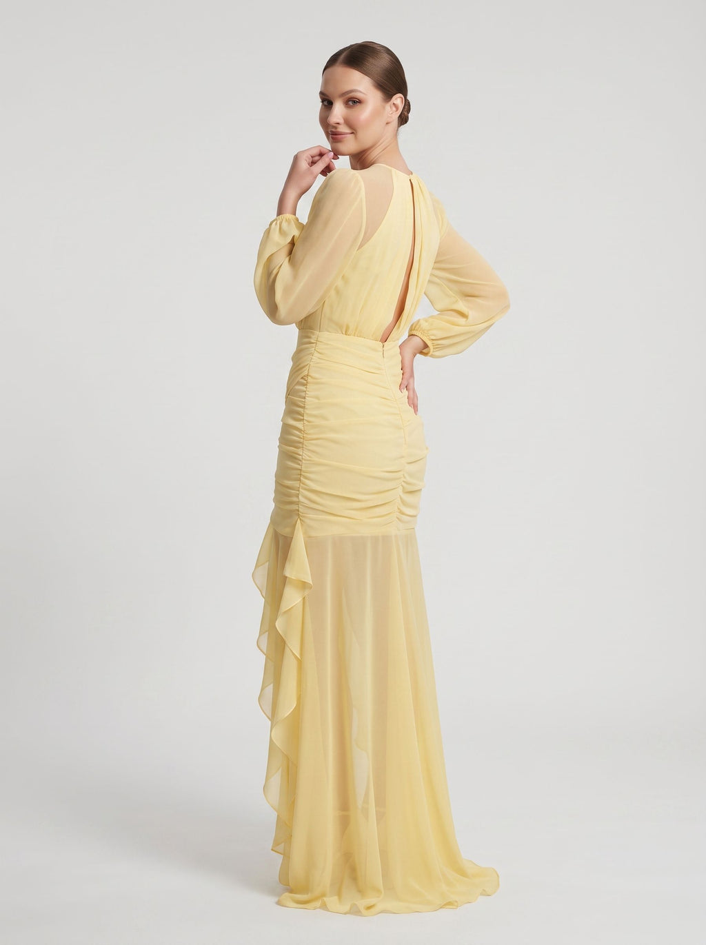 Daffodil Chiffon Mermaid Scoop Neck Keyhole Back Floor-Length Dress with Ruched Bodice