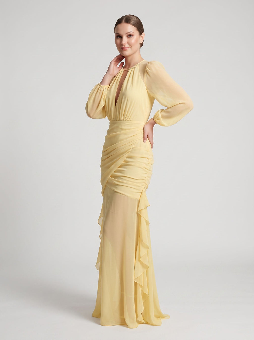 Daffodil Chiffon Mermaid Scoop Neck Keyhole Back Floor-Length Dress with Ruched Bodice