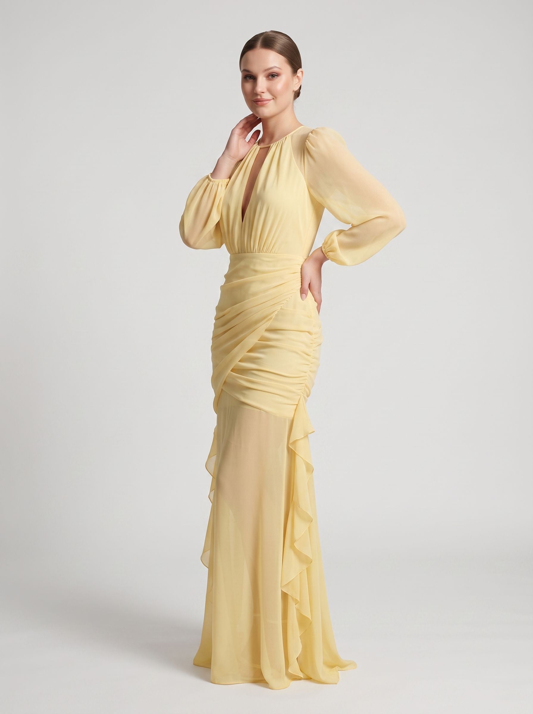Daffodil Chiffon Mermaid Scoop Neck Keyhole Back Floor-Length Dress with Ruched Bodice