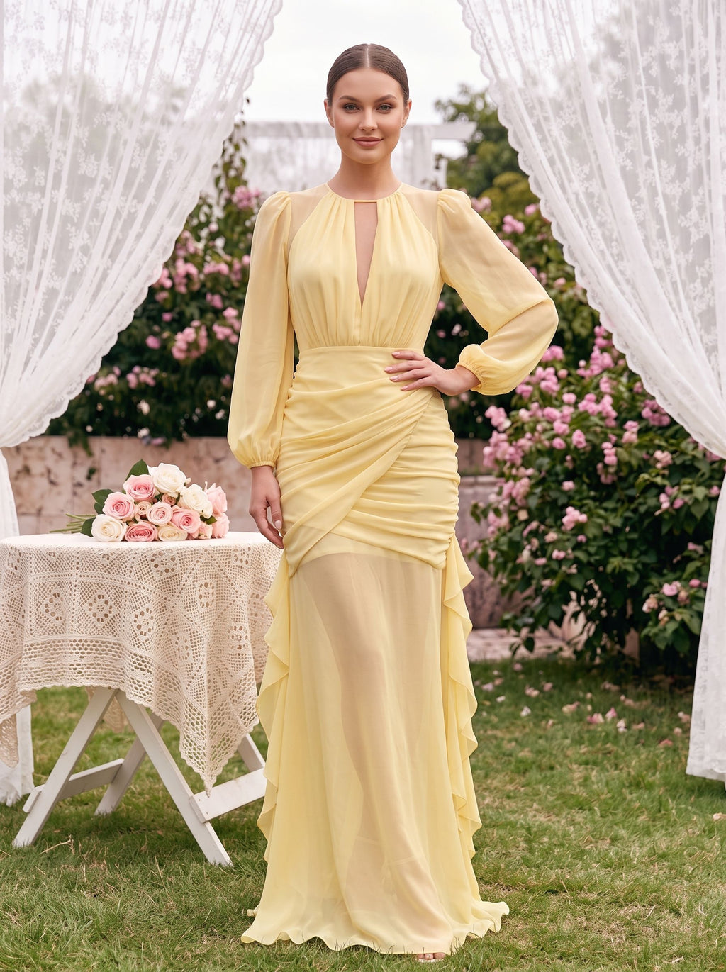 Daffodil Chiffon Mermaid Scoop Neck Keyhole Back Floor-Length Dress with Ruched Bodice