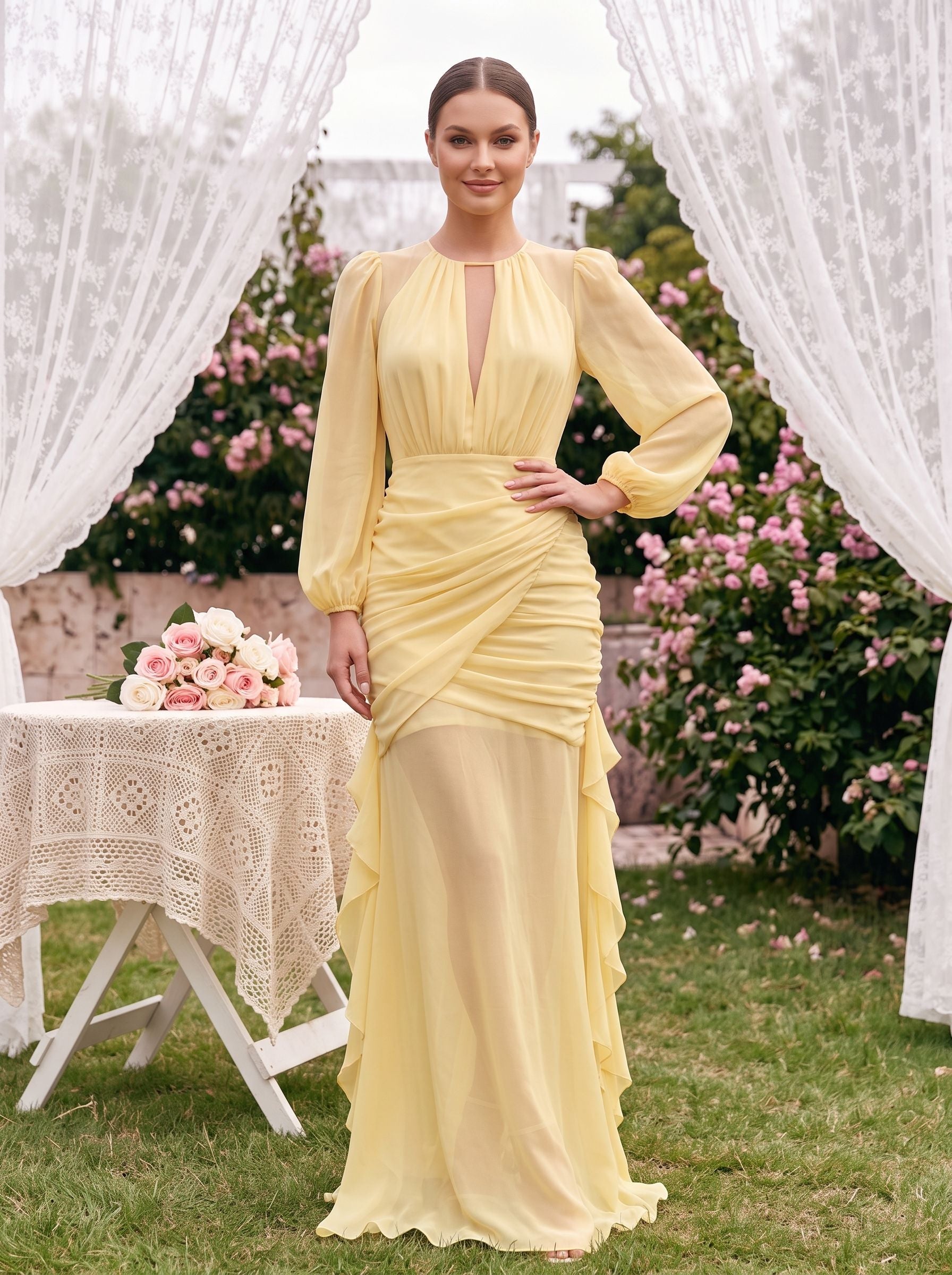 Daffodil Chiffon Mermaid Scoop Neck Keyhole Back Floor-Length Dress with Ruched Bodice