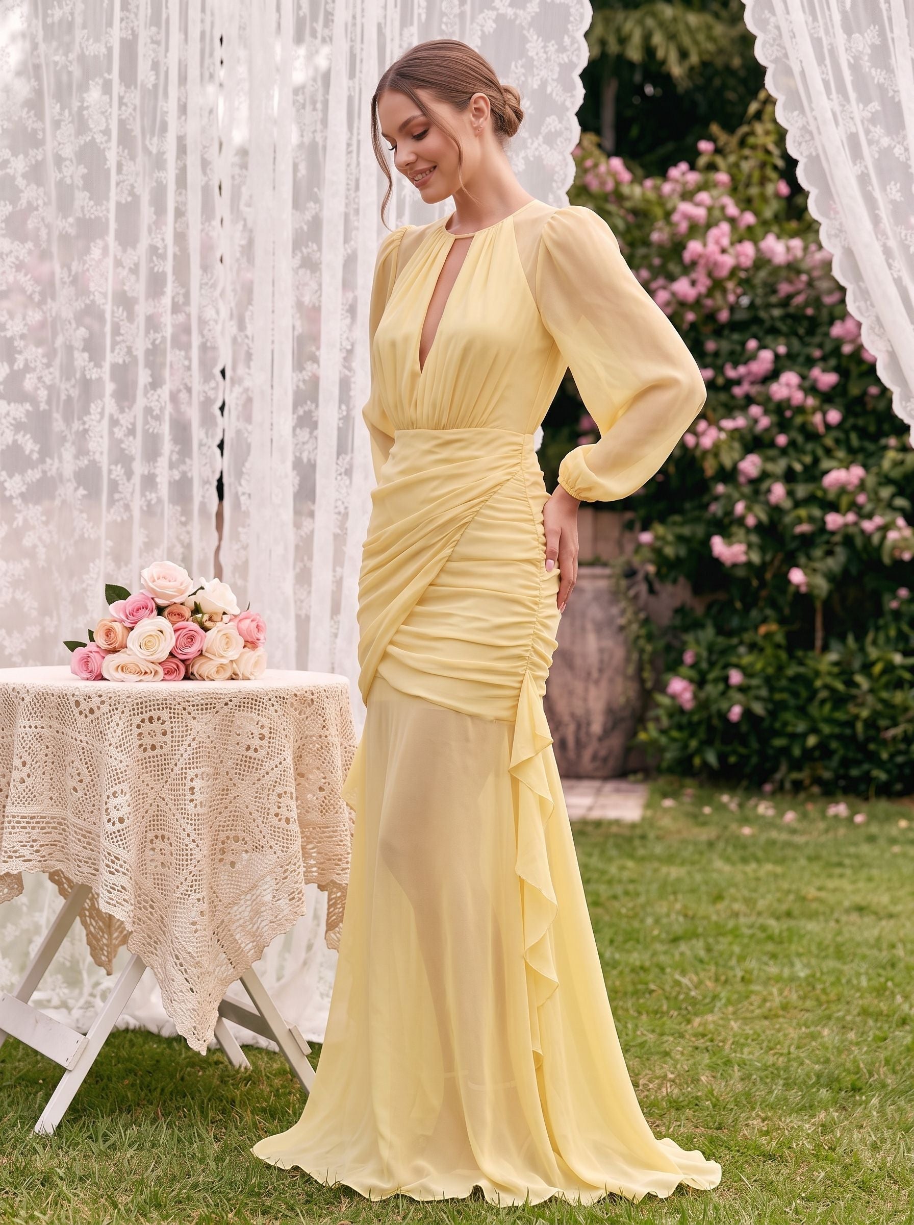 Daffodil Chiffon Mermaid Scoop Neck Keyhole Back Floor-Length Dress with Ruched Bodice