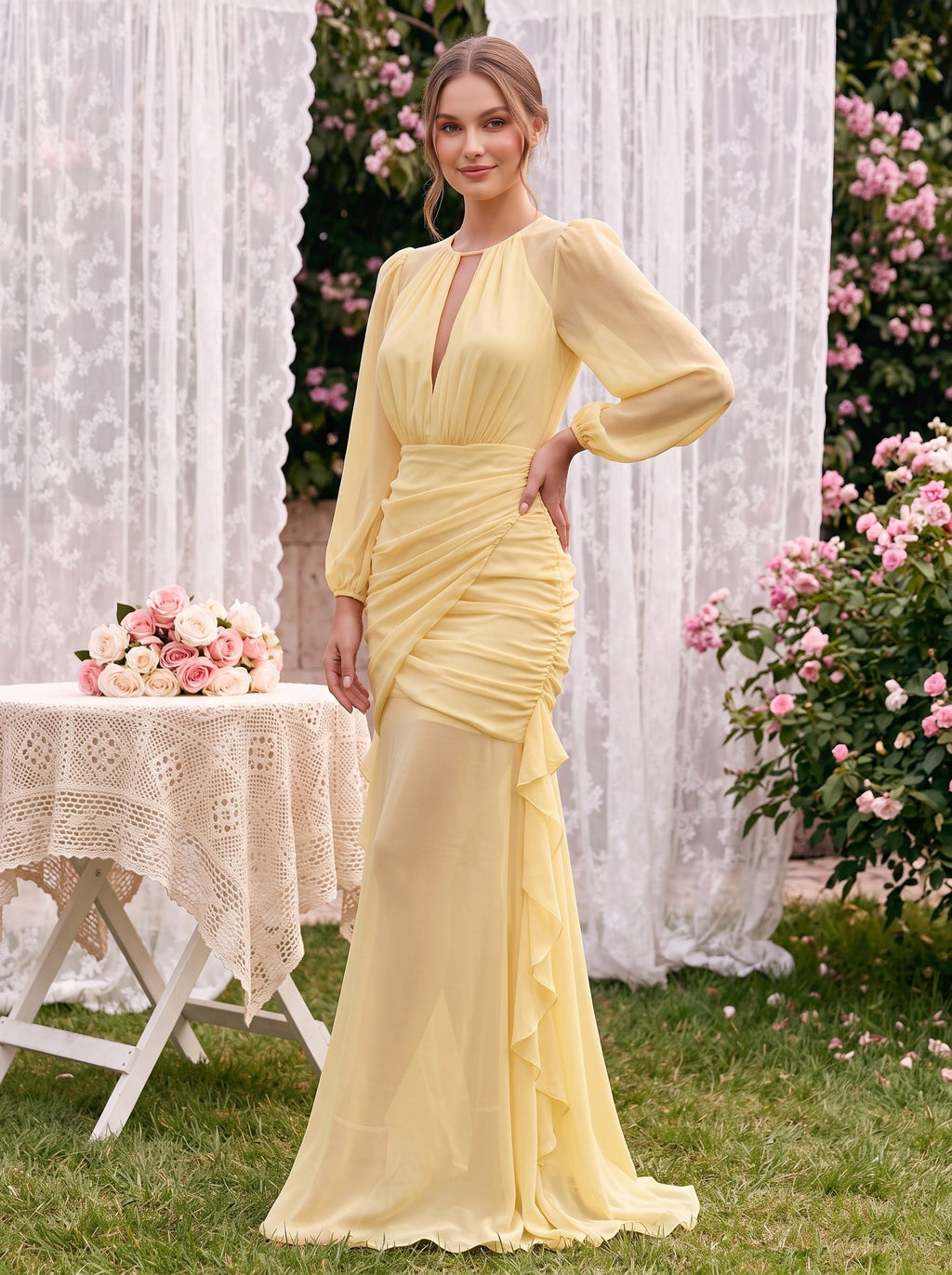 Daffodil Chiffon Mermaid Scoop Neck Keyhole Back Floor-Length Dress with Ruched Bodice