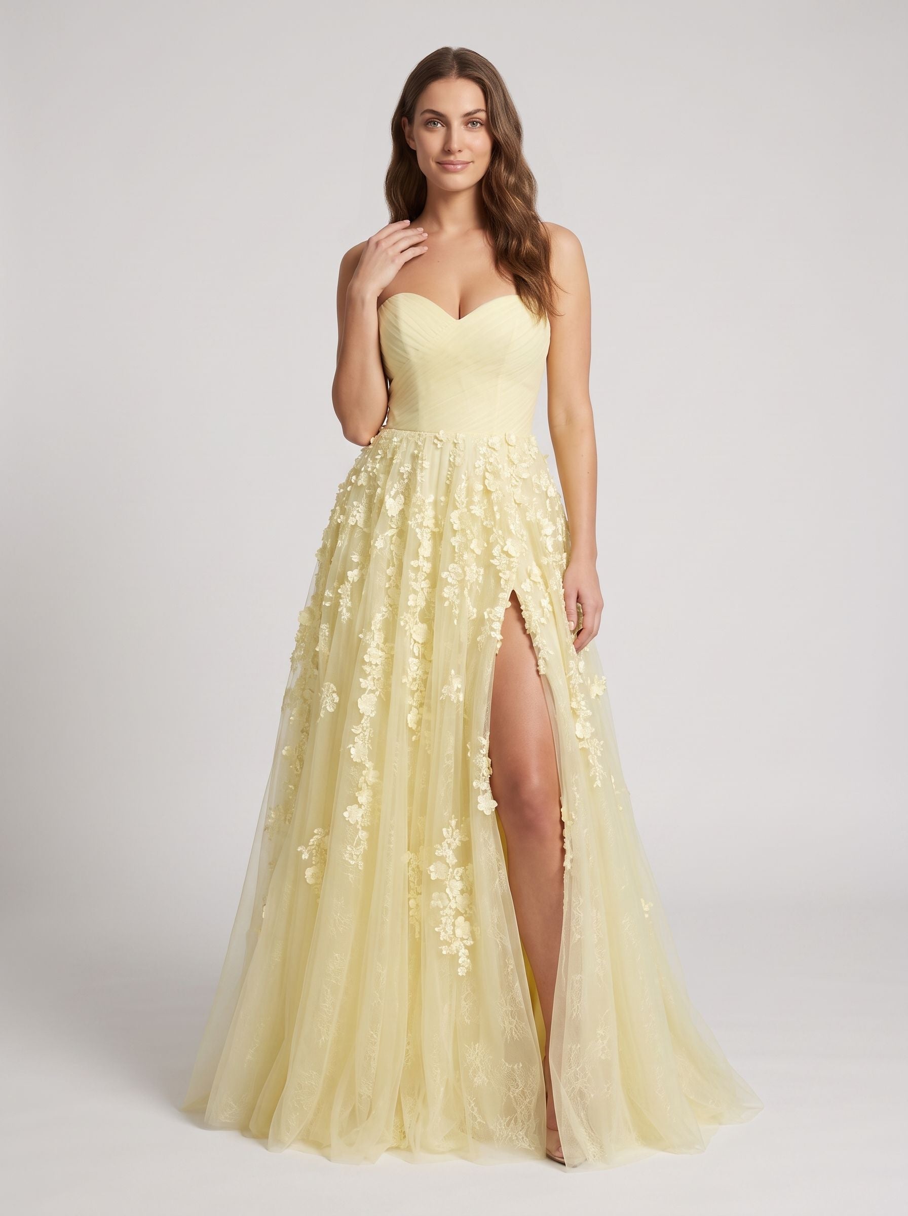 Daffodil Satin A-Line Sweetheart Back Zip Floor-Length Dress with Front Split