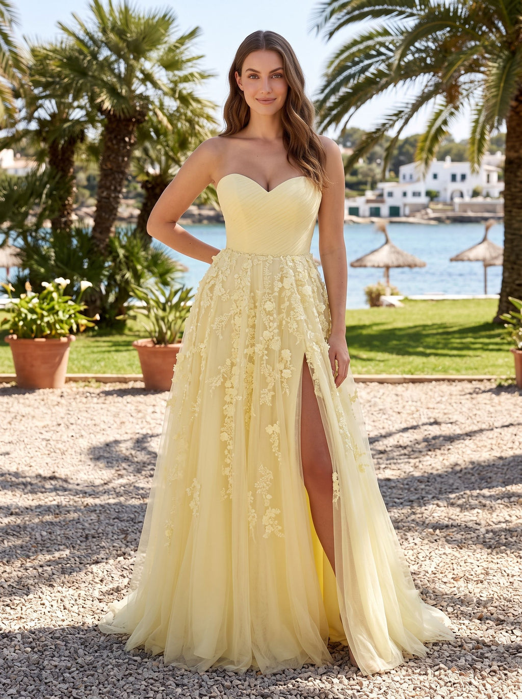 Daffodil Satin A-Line Sweetheart Back Zip Floor-Length Dress with Front Split