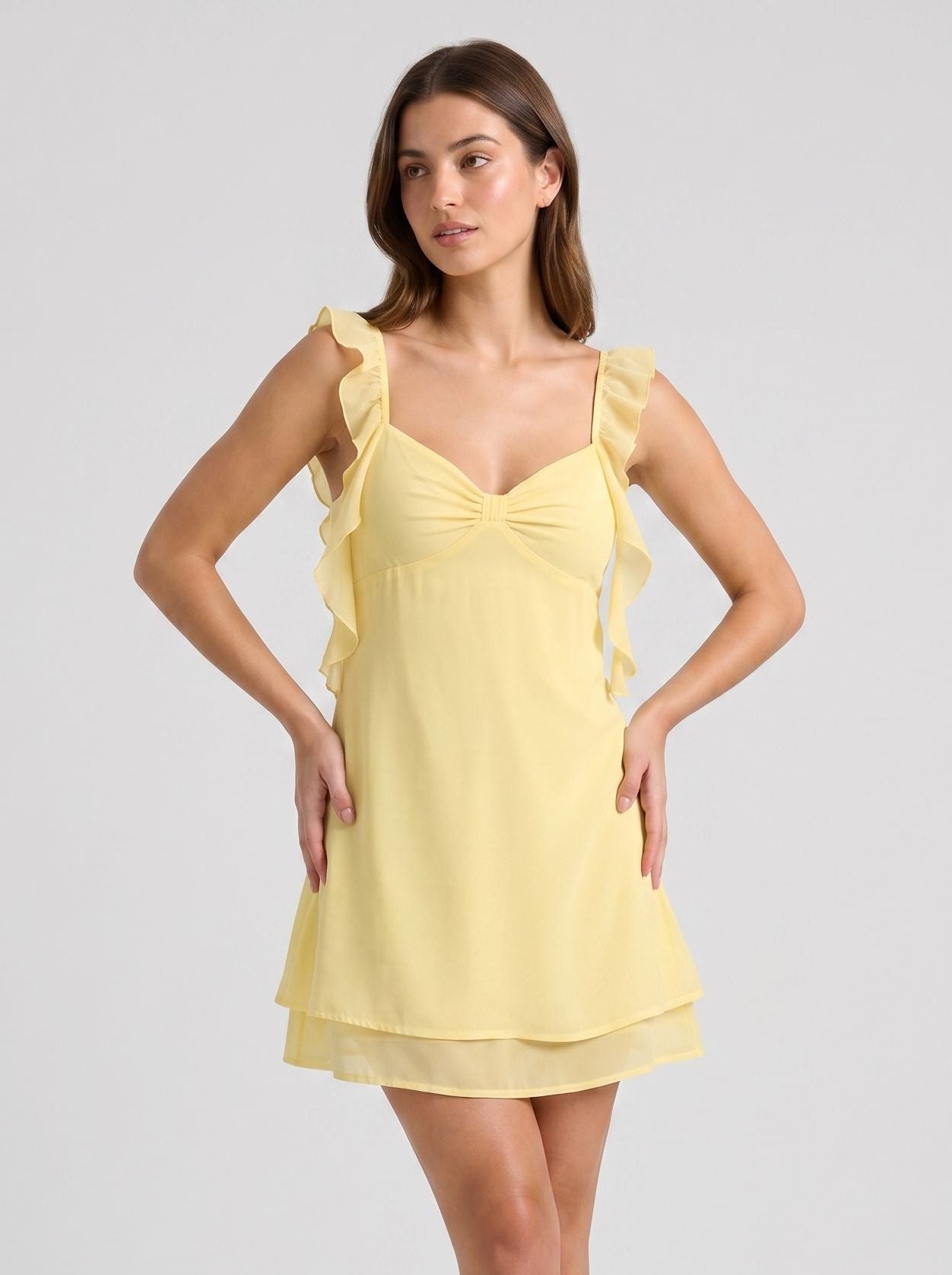 Daffodil Chiffon A-Line V-Neck  Backless Short Dress with Ruffles