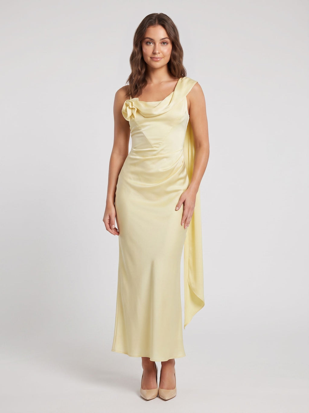 Daffodil Satin Column One Shoulder Back Zip Ankle-Length Dress with Waist Sash