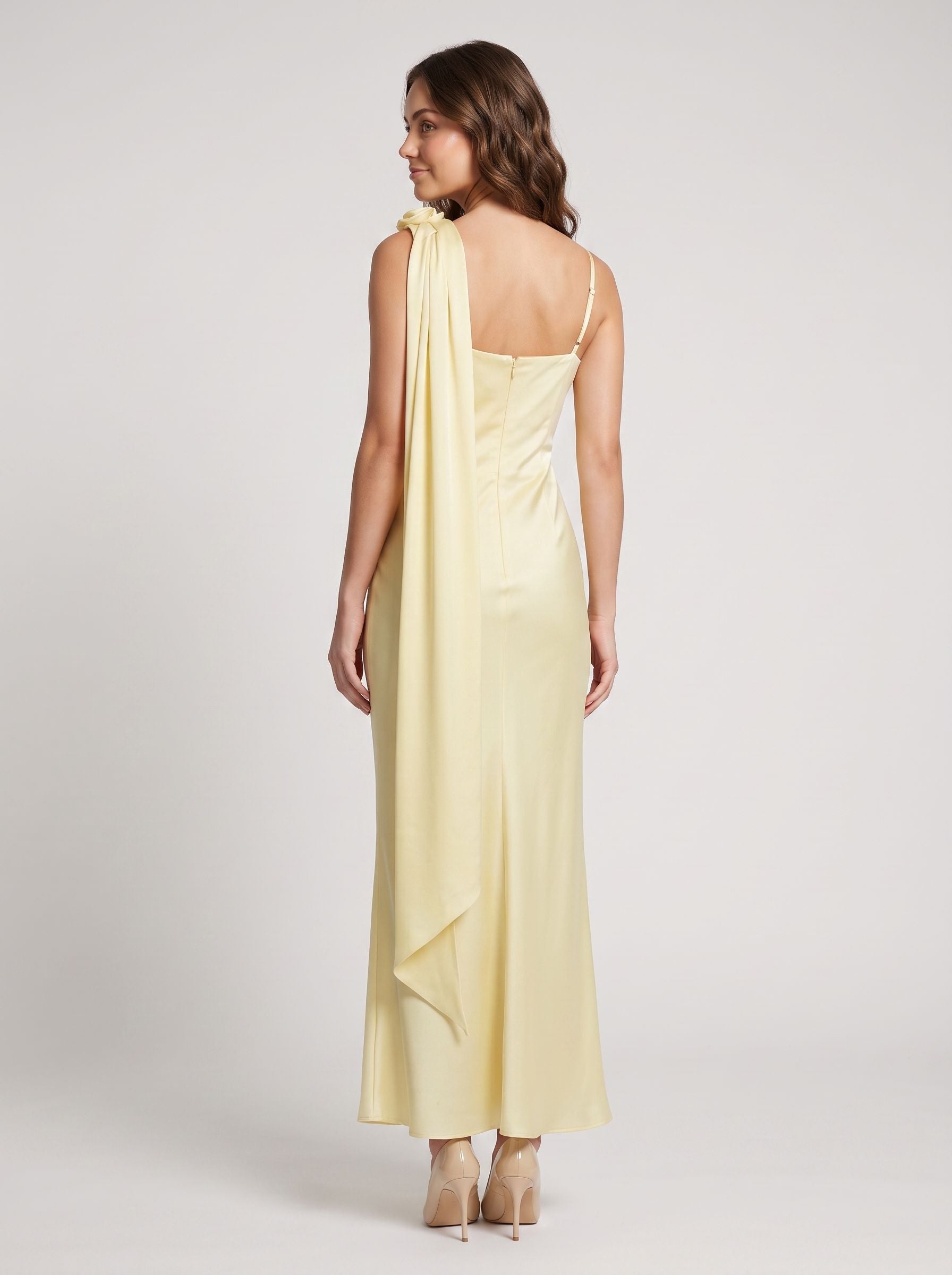 Daffodil Satin Column One Shoulder Back Zip Ankle-Length Dress with Waist Sash