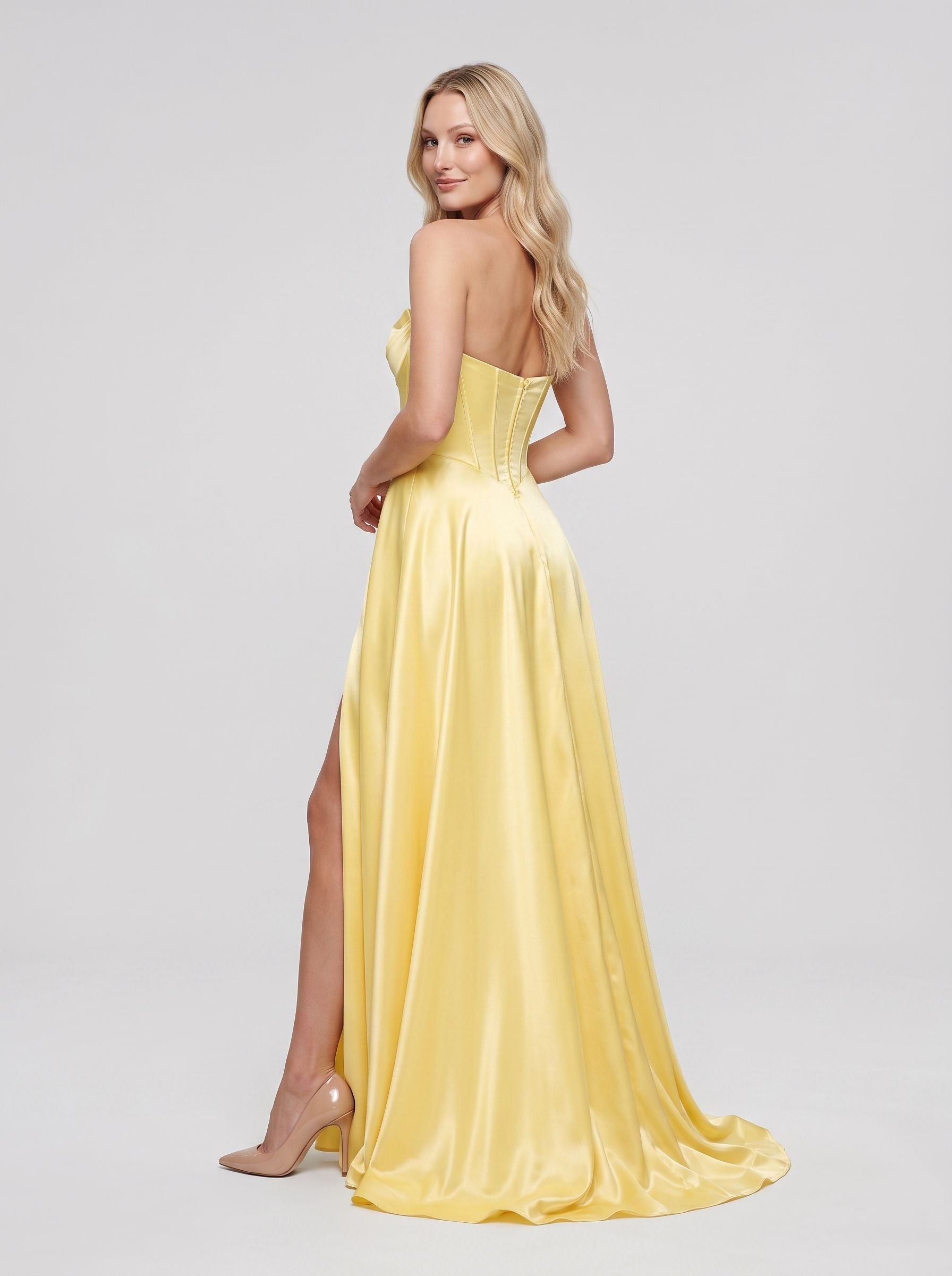 Daffodil Satin A-Line Sweetheart Back Zip Floor-Length Dress with Thigh-High Slit