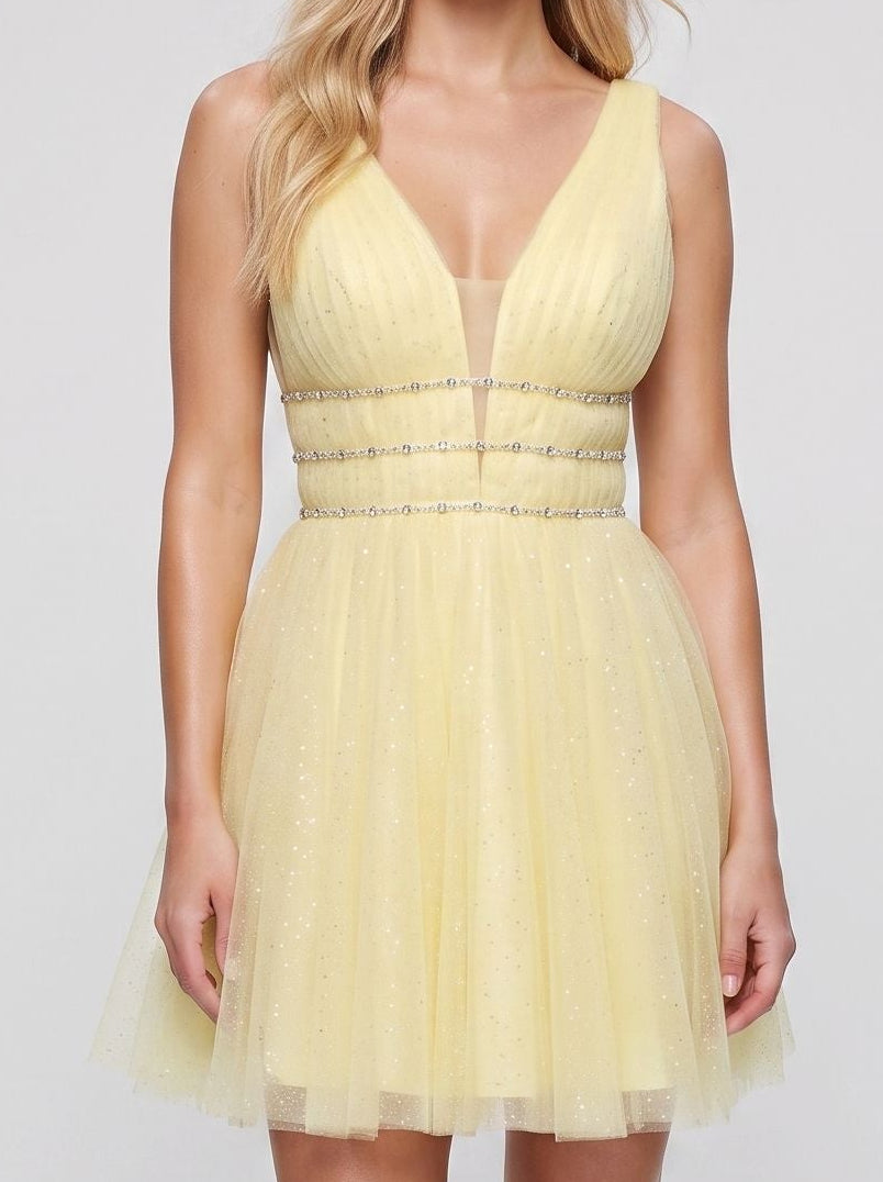 Daffodil Tulle A-Line V-Neck Short Dress with Beading