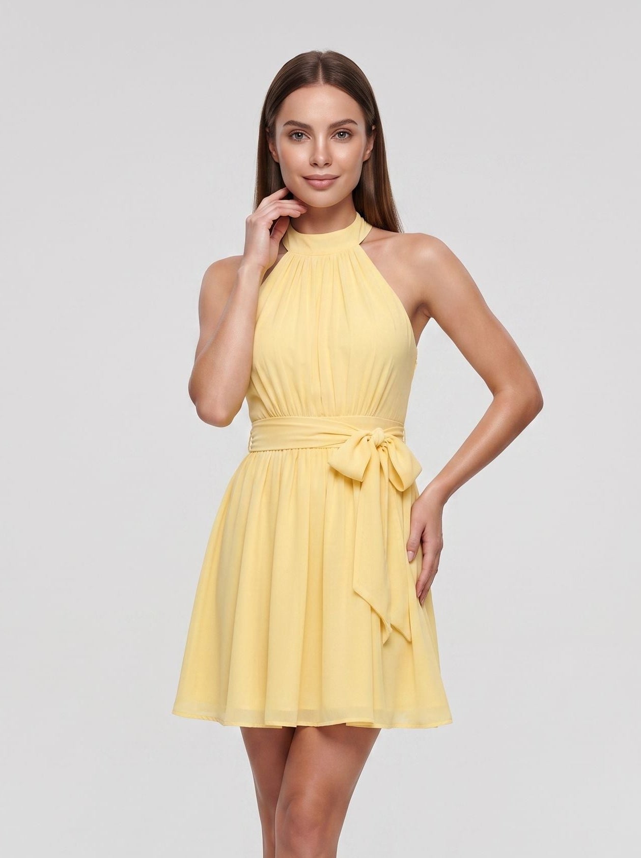 Daffodil Chiffon A-Line Halter neckline Back Zip Floor-Length Dress with Pleated Bodice