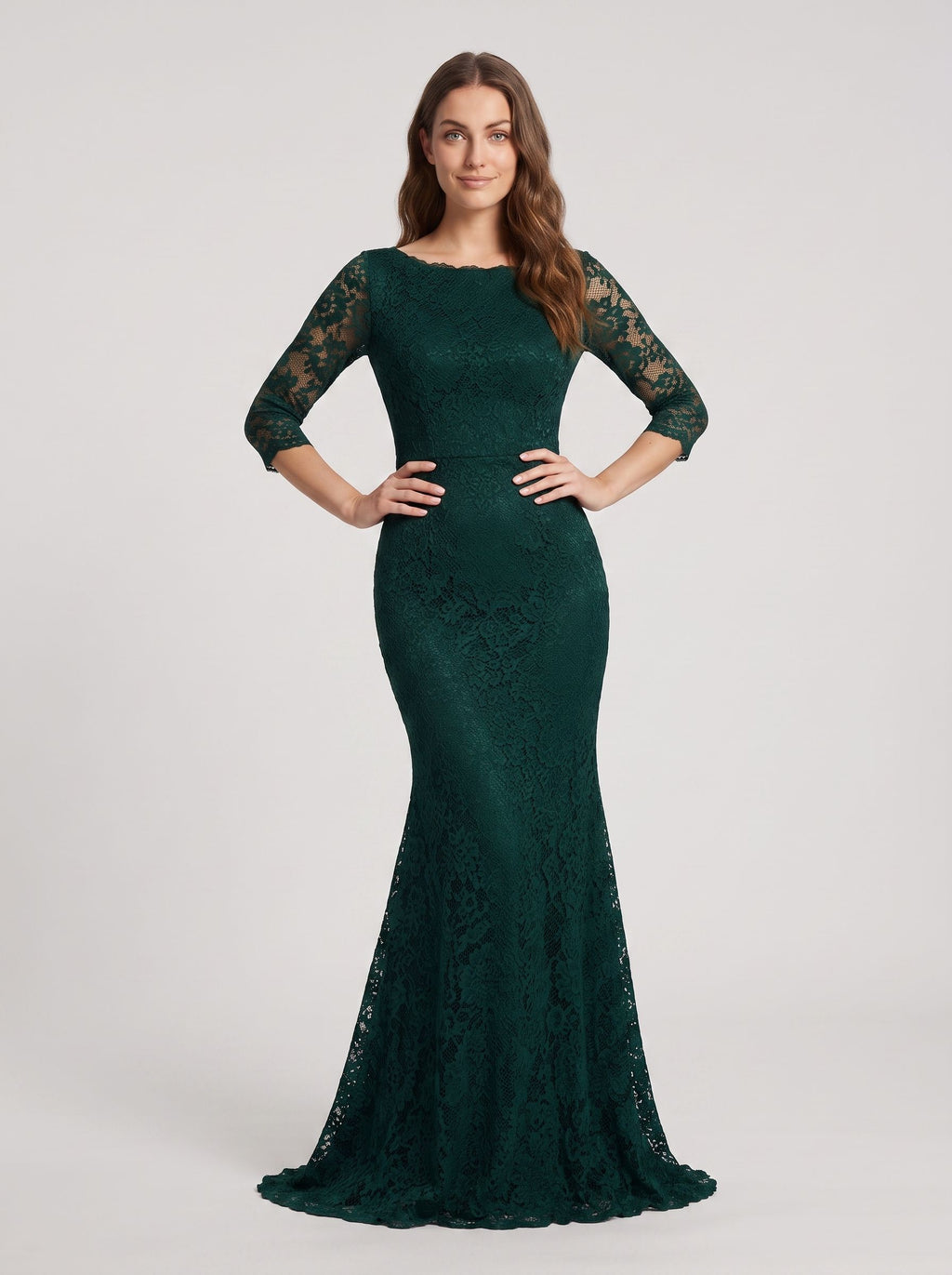 Peacock Lace Mermaid Scoop Neck Back Zip Floor-Length Dress with Illusion Sleeves