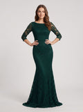Peacock Lace Mermaid Scoop Neck Back Zip Floor-Length Dress with Illusion Sleeves