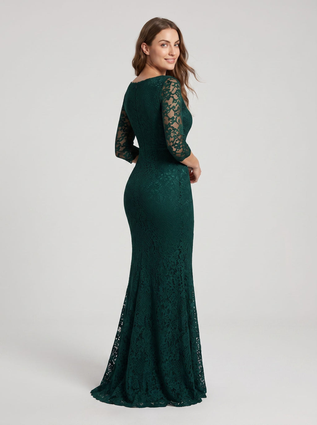 Peacock Lace Mermaid Scoop Neck Back Zip Floor-Length Dress with Illusion Sleeves