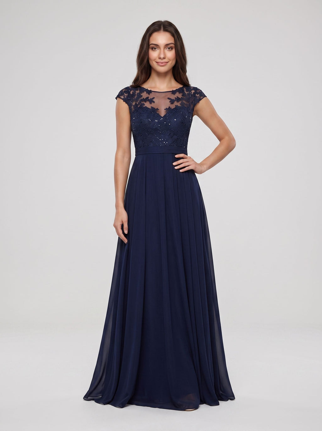 Dark Navy Chiffon A-Line Scoop Neck Back Zip Floor-Length Dress with Ruched Bodice