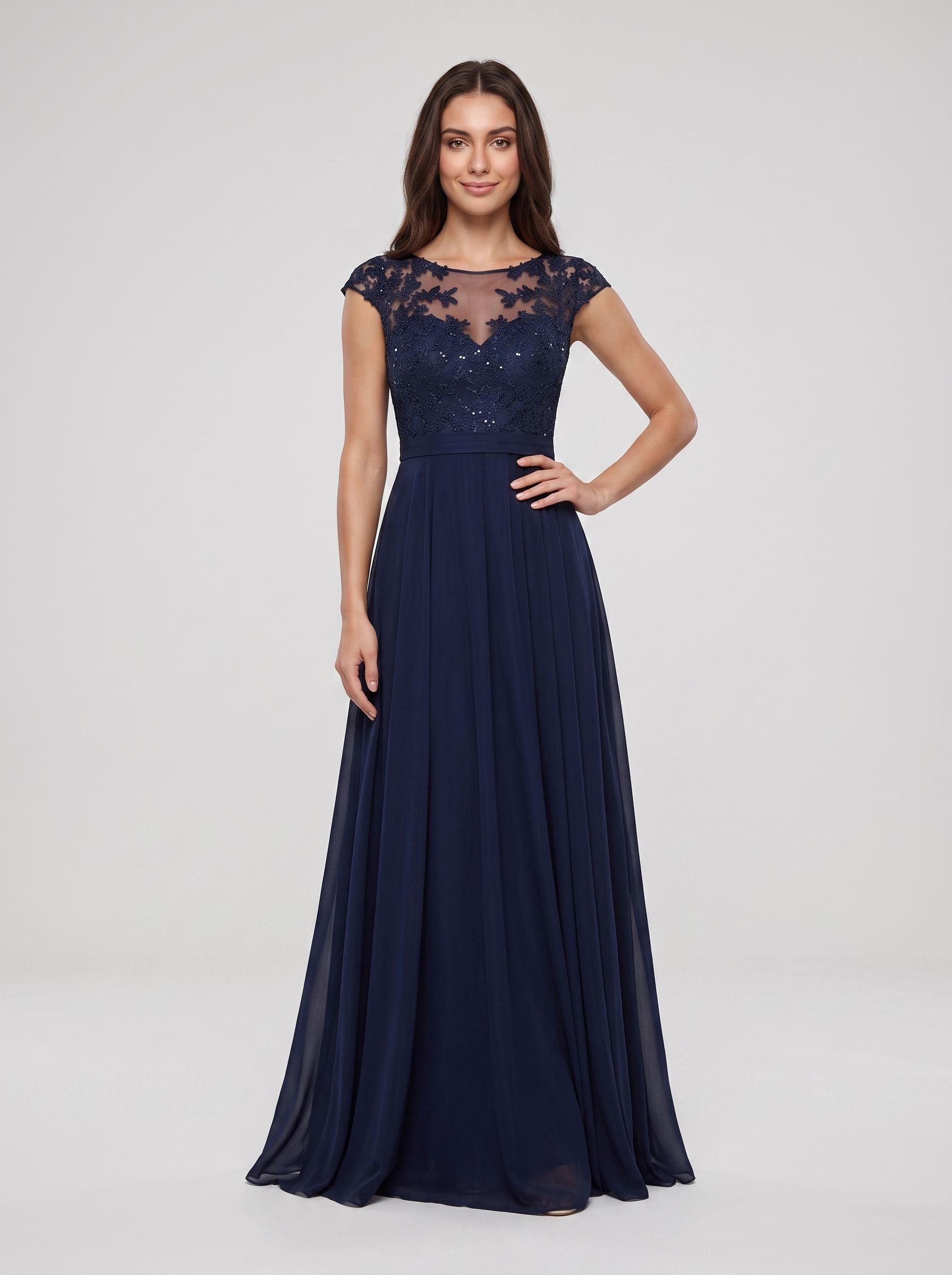 Dark Navy Chiffon A-Line Scoop Neck Back Zip Floor-Length Dress with Ruched Bodice