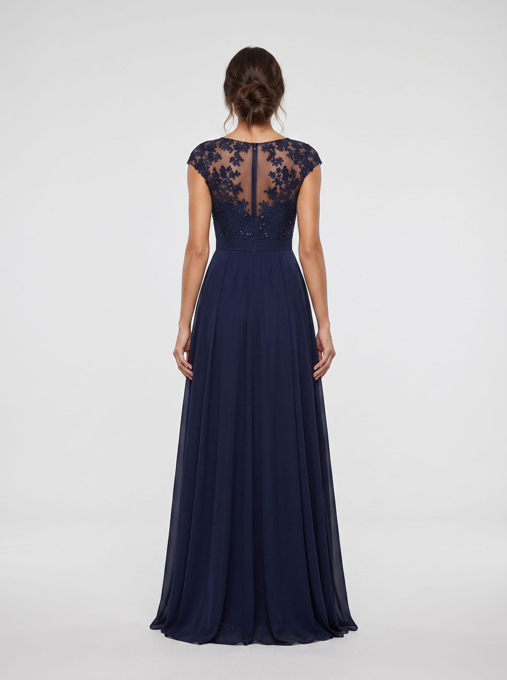 Dark Navy Chiffon A-Line Scoop Neck Back Zip Floor-Length Dress with Ruched Bodice