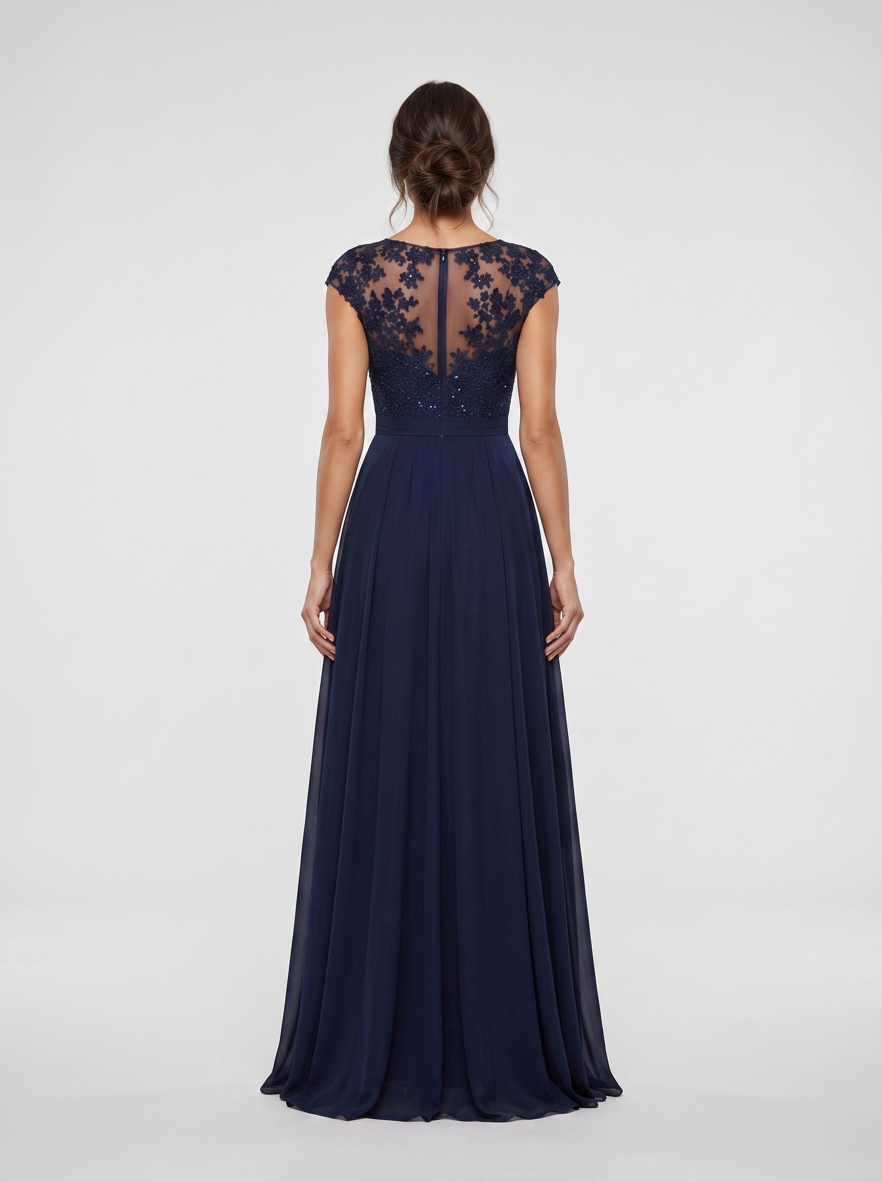 Dark Navy Chiffon A-Line Scoop Neck Back Zip Floor-Length Dress with Ruched Bodice