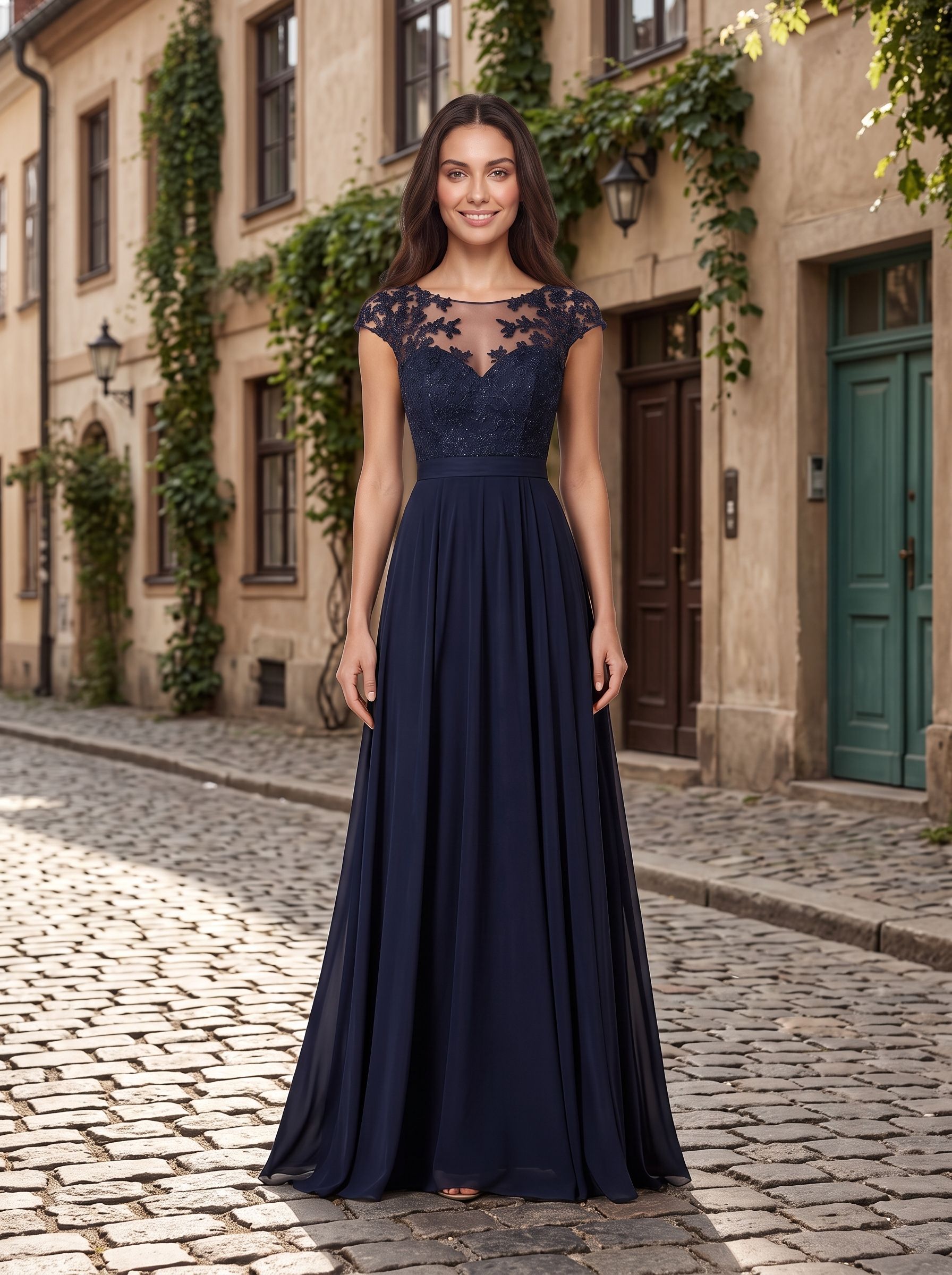 Dark Navy Chiffon A-Line Scoop Neck Back Zip Floor-Length Dress with Ruched Bodice