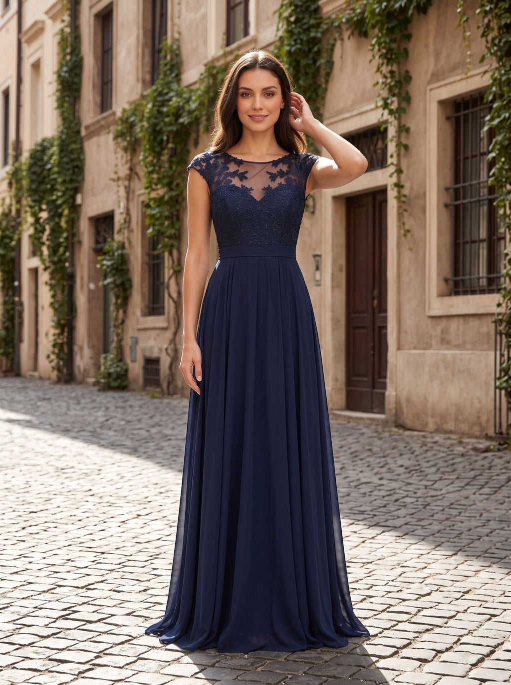 Dark Navy Chiffon A-Line Scoop Neck Back Zip Floor-Length Dress with Ruched Bodice