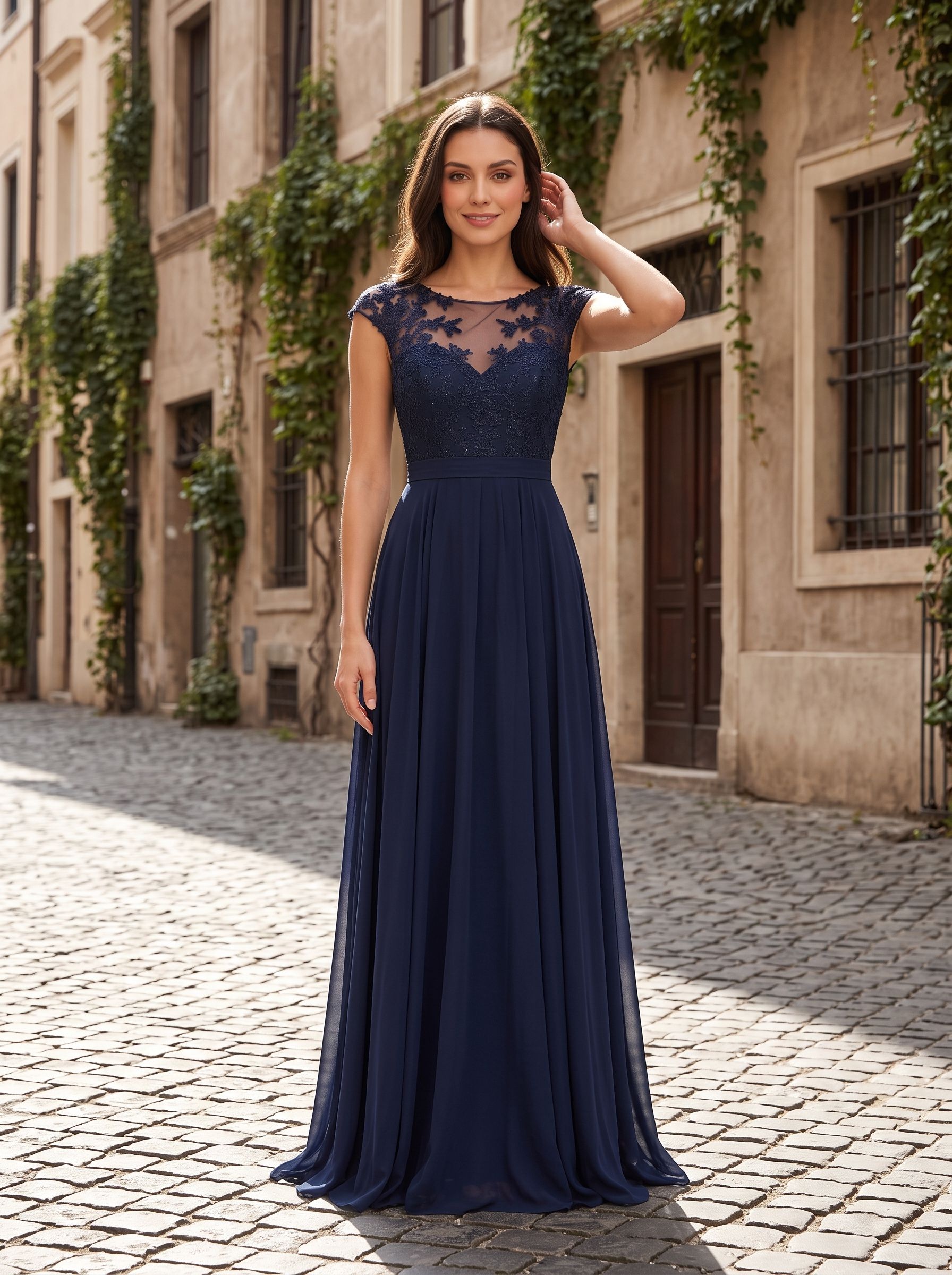 Dark Navy Chiffon A-Line Scoop Neck Back Zip Floor-Length Dress with Ruched Bodice