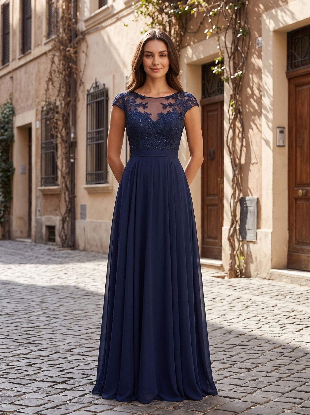 Dark Navy Chiffon A-Line Scoop Neck Back Zip Floor-Length Dress with Ruched Bodice