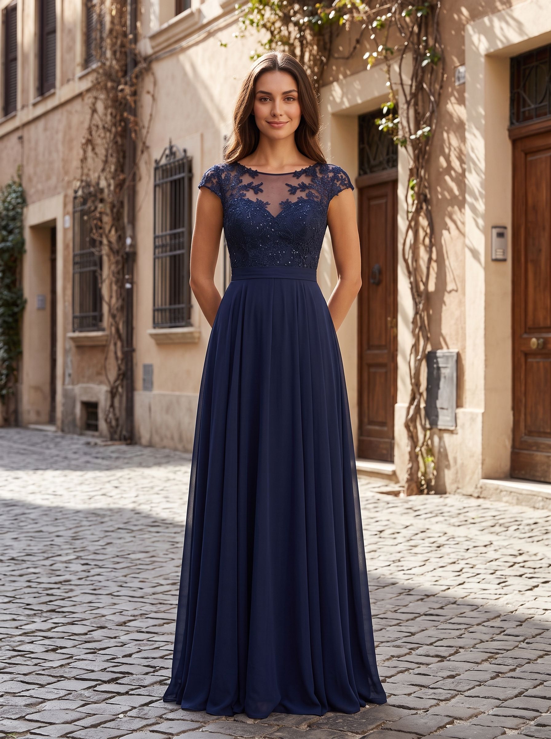 Dark Navy Chiffon A-Line Scoop Neck Back Zip Floor-Length Dress with Ruched Bodice