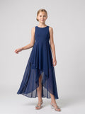 Dark Navy Chiffon A-Line Scoop Neck Back Zip Asymmetrical with Pleated Bodice