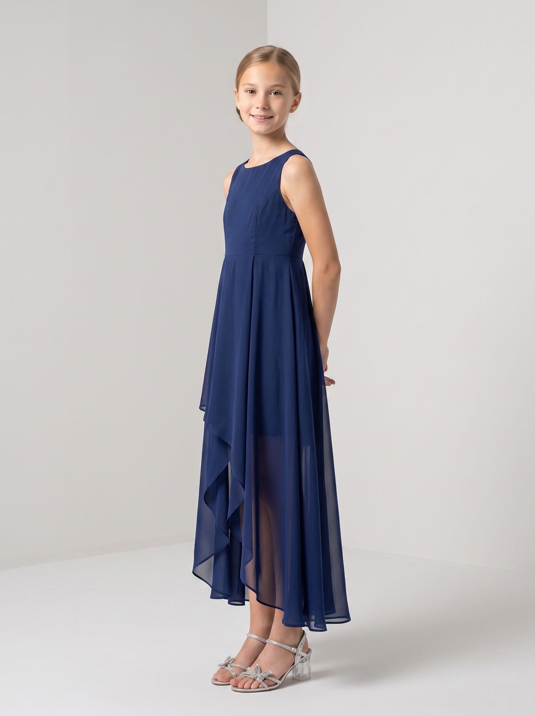 Dark Navy Chiffon A-Line Scoop Neck Back Zip Asymmetrical with Pleated Bodice