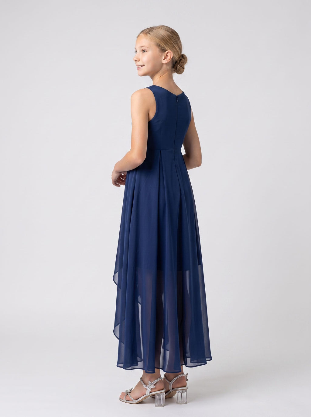 Dark Navy Chiffon A-Line Scoop Neck Back Zip Asymmetrical with Pleated Bodice