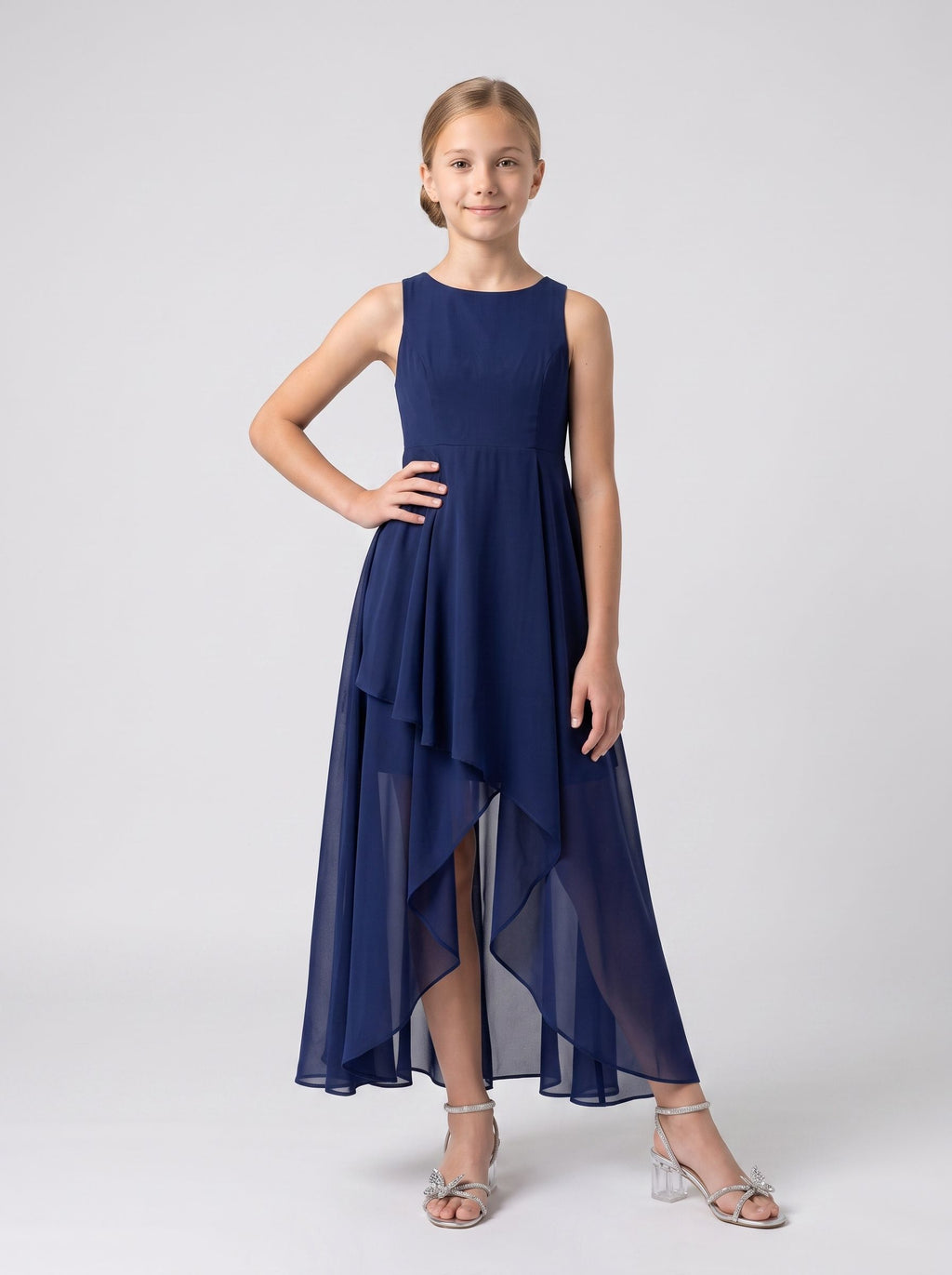 Dark Navy Chiffon A-Line Scoop Neck Back Zip Asymmetrical with Pleated Bodice