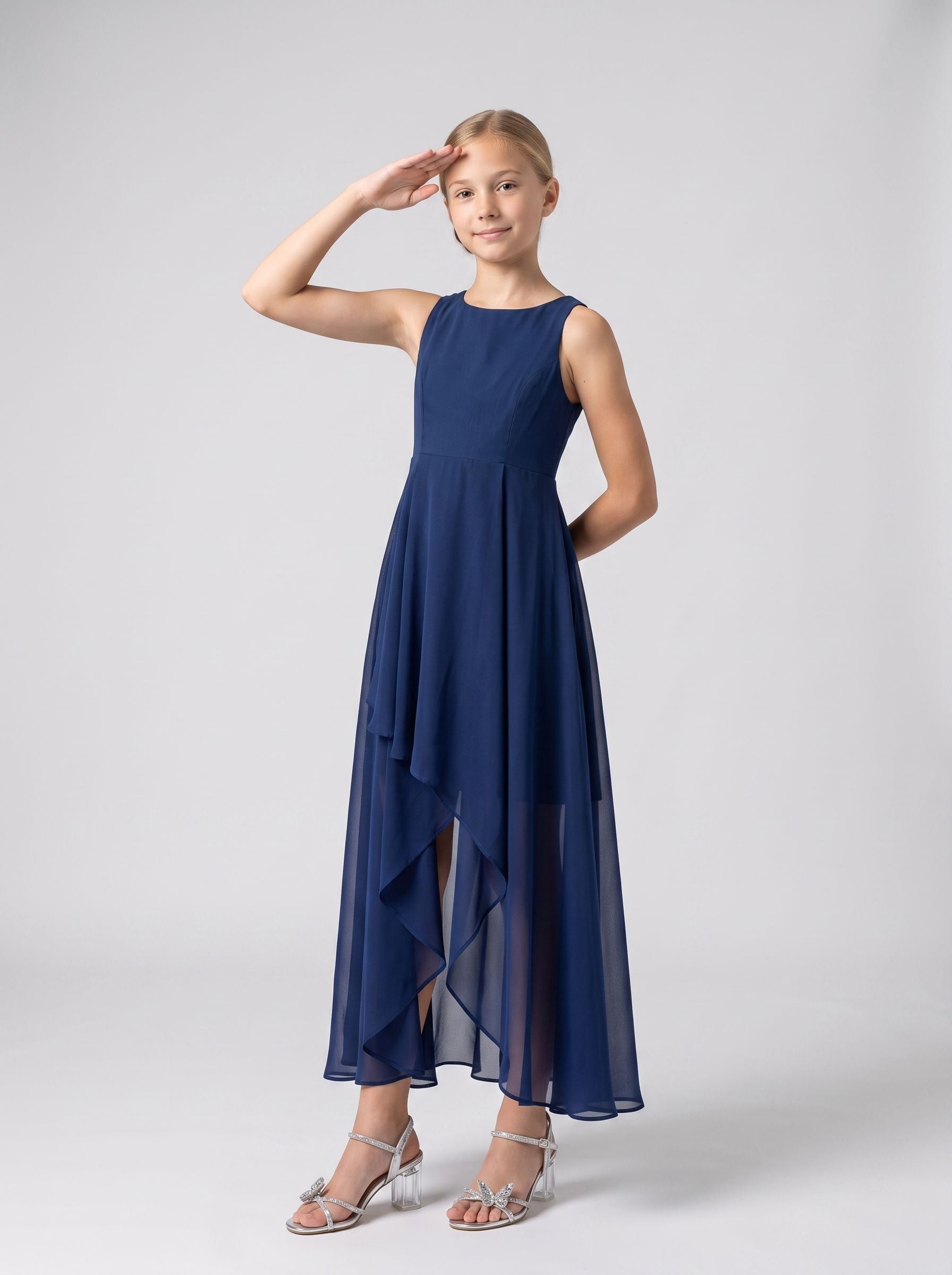 Dark Navy Chiffon A-Line Scoop Neck Back Zip Asymmetrical with Pleated Bodice