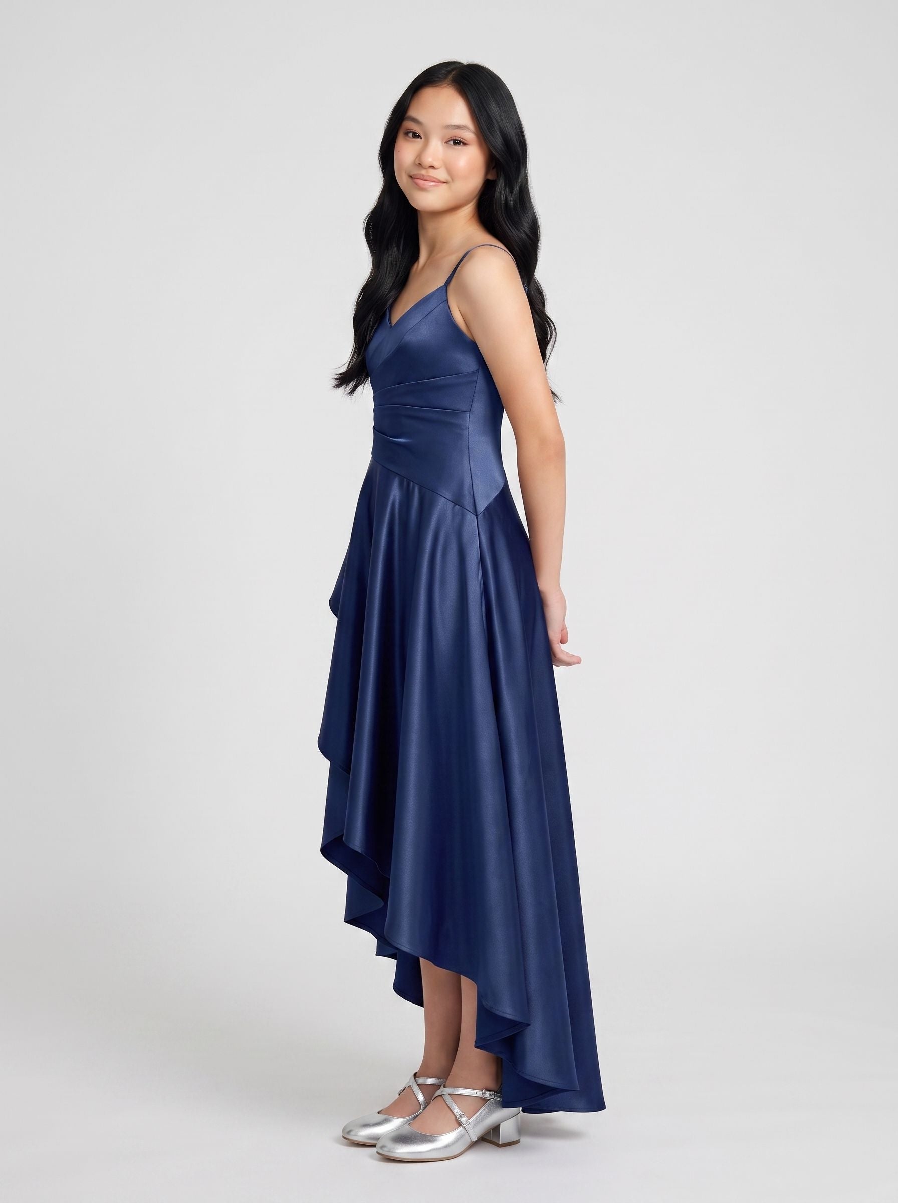 Dark Navy Satin A-Line V-Neck Back Zip Asymmetrical Dress with Pleated Bodice