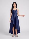 Dark Navy Satin A-Line V-Neck Back Zip Asymmetrical Dress with Pleated Bodice