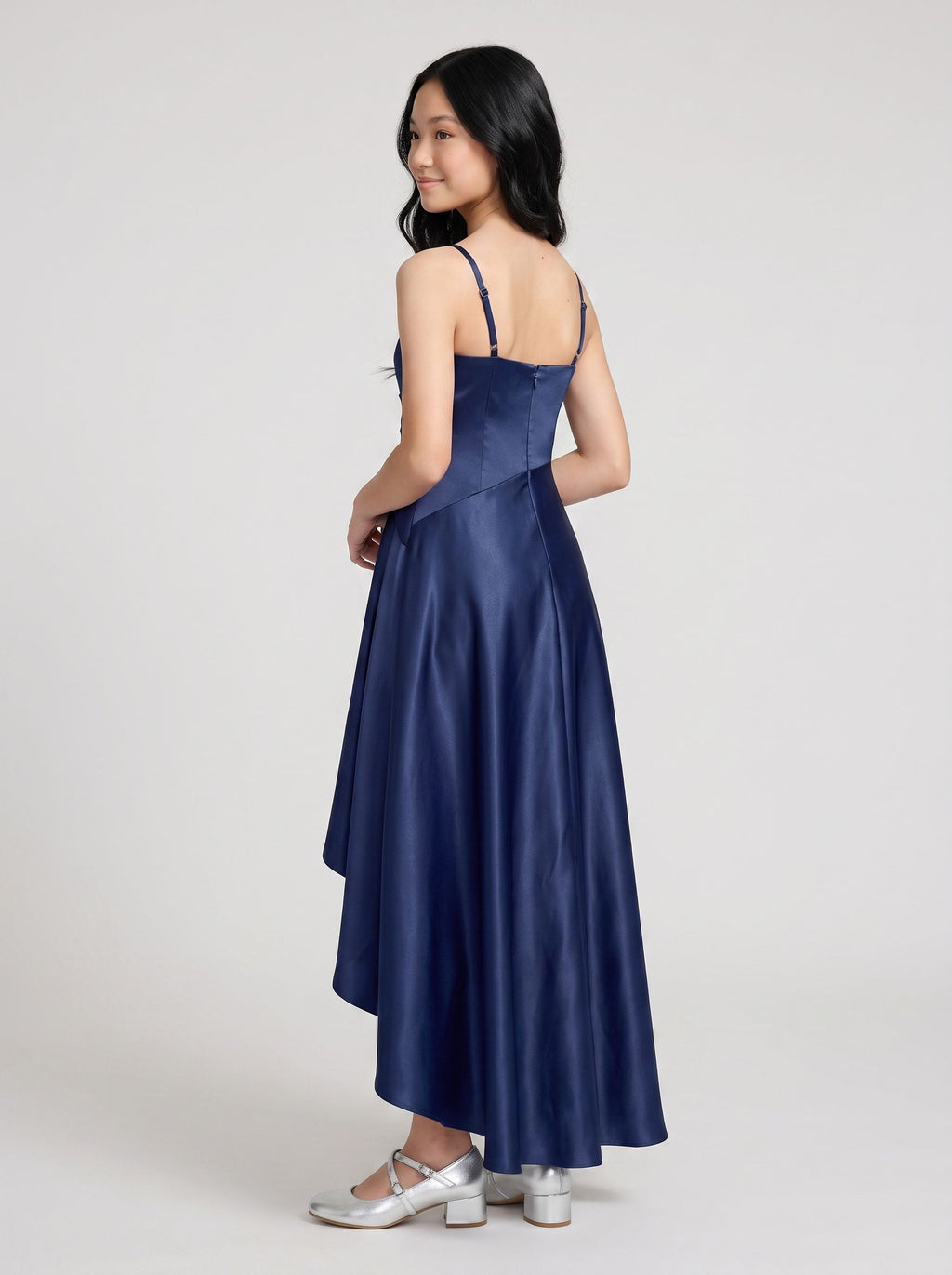 Dark Navy Satin A-Line V-Neck Back Zip Asymmetrical Dress with Pleated Bodice